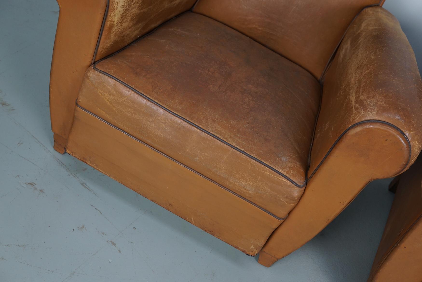 Pair of French Cognac Vintage Leather Club Chairs, 1950s For Sale 1