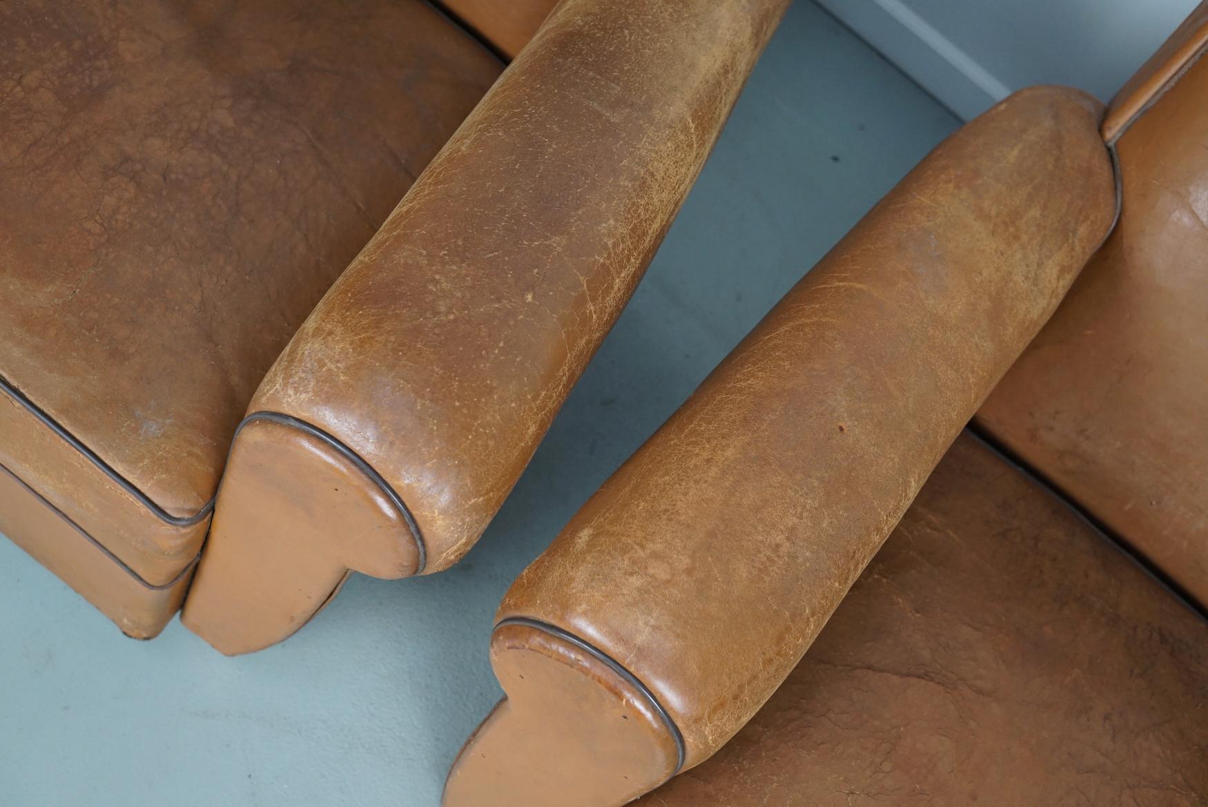 Pair of French Cognac Vintage Leather Club Chairs, 1950s For Sale 2