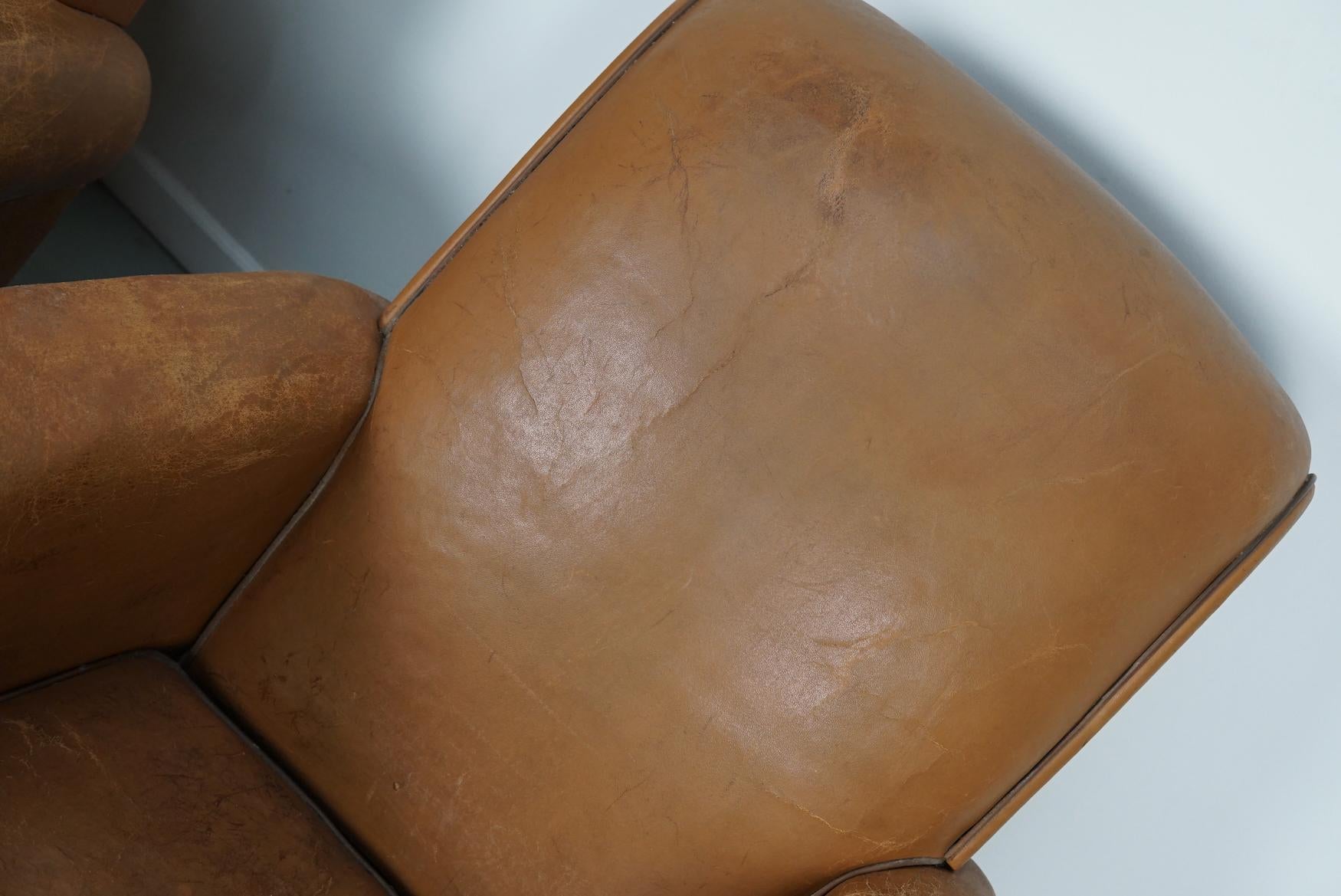 Pair of French Cognac Vintage Leather Club Chairs, 1950s For Sale 4