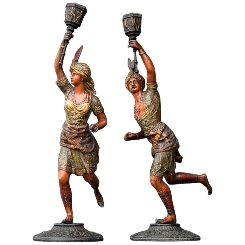 Pair of French Cold Painted Spelter Figural Candlesticks For Sale