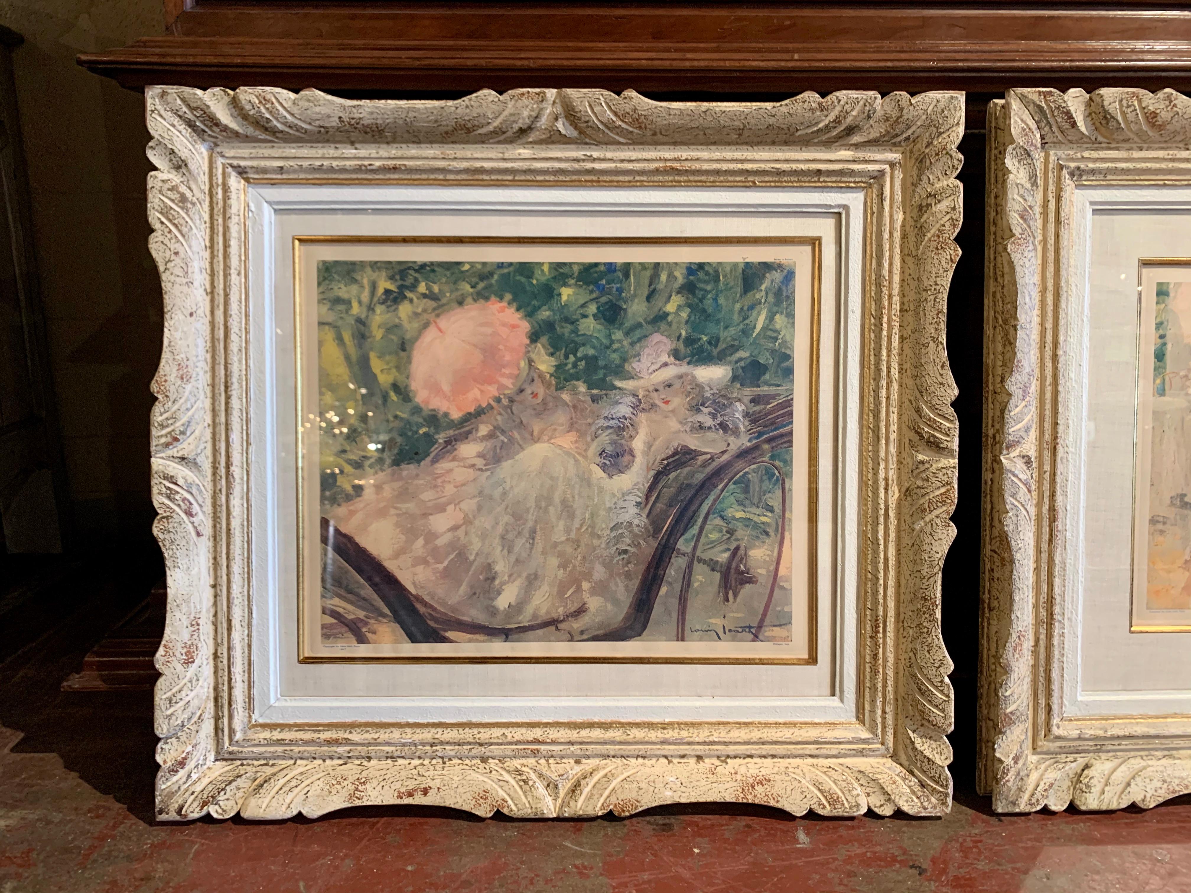 These two lithographs were hand sketched in France circa 1920. Both artwork are set in a carved painted frame and protected with glass; one scene depicts a tea drinking in a garden, the other a promenade in the park. Both drawings on paper are in