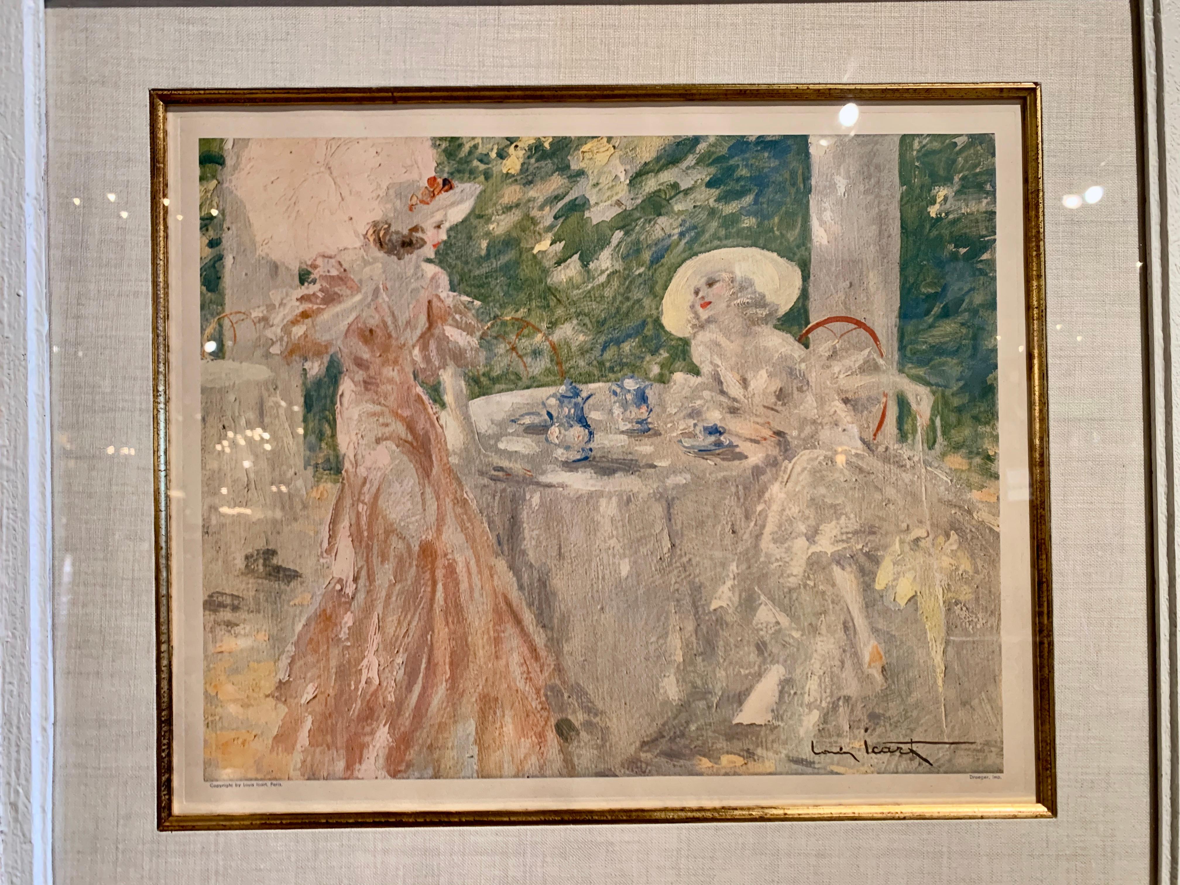 Pair of French Colored Lithographs in Carved Frames Signed Louis Icart, 1947 For Sale 2