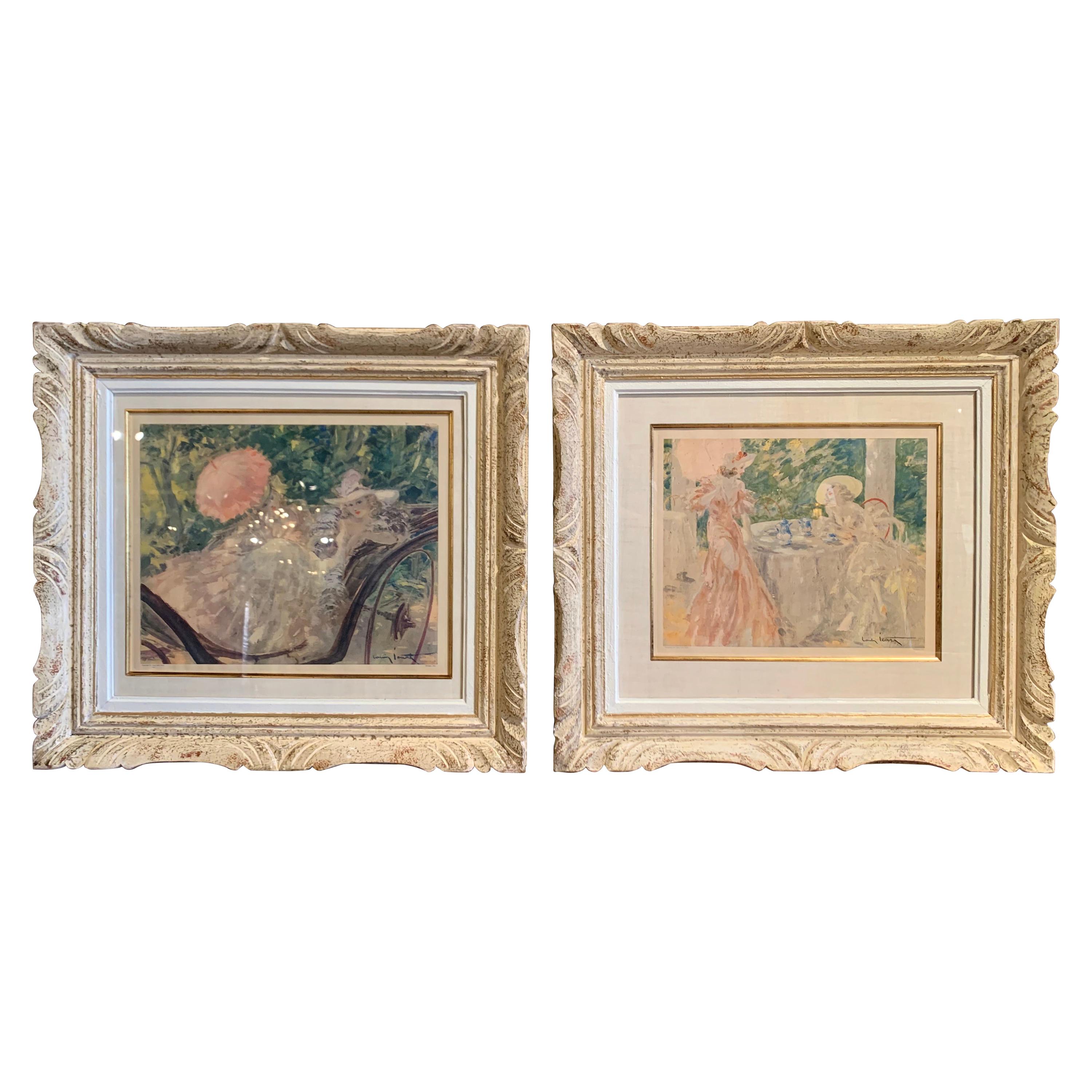 Pair of French Colored Lithographs in Carved Frames Signed Louis Icart, 1947 For Sale