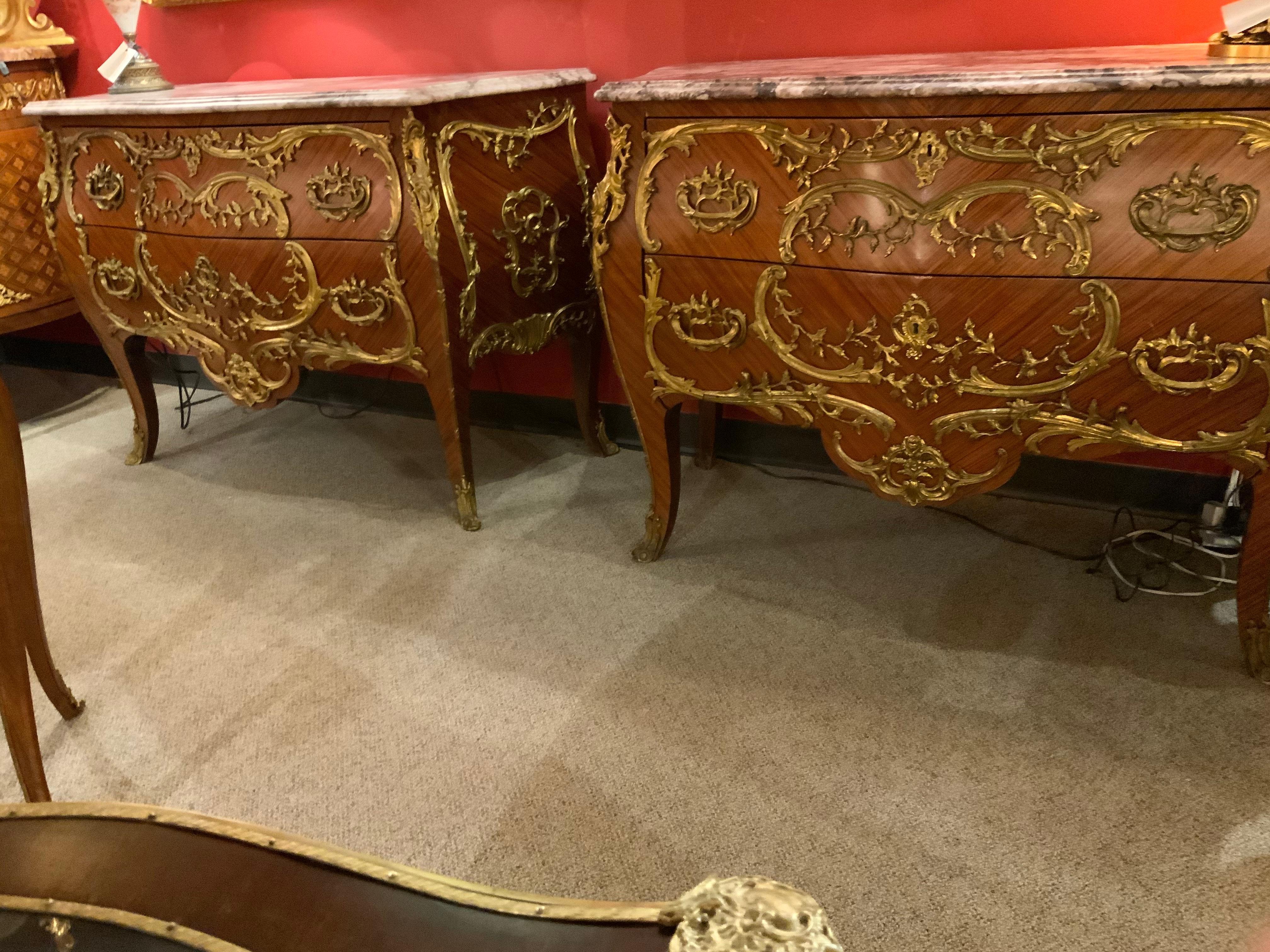 Veneer Pair of antiques fine French Bombe Commodes  with Elaborate Bronze Mounts For Sale