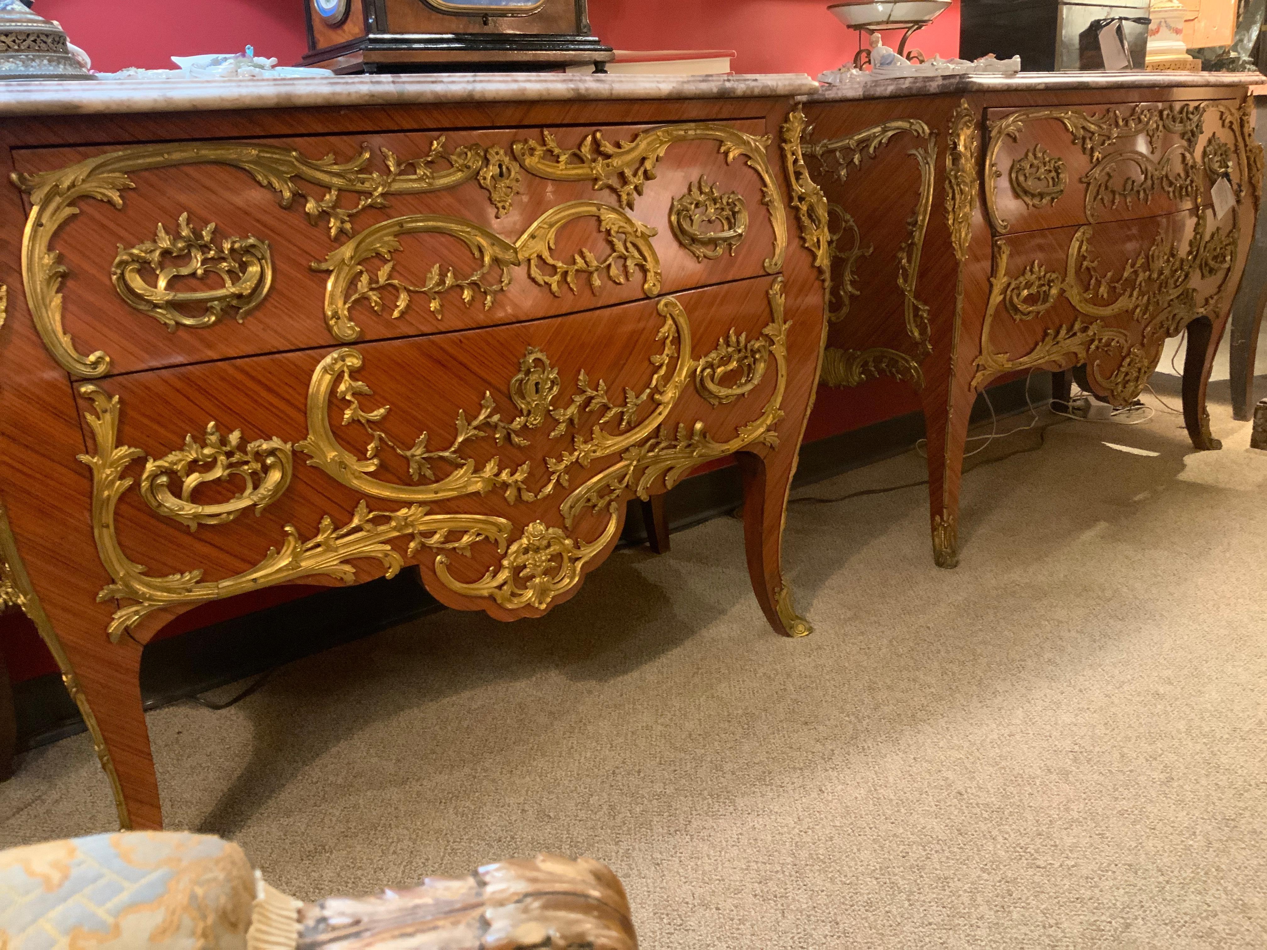 Wood Pair of French Commodes Bombe' Form with Elaborate Bronze Mounts For Sale
