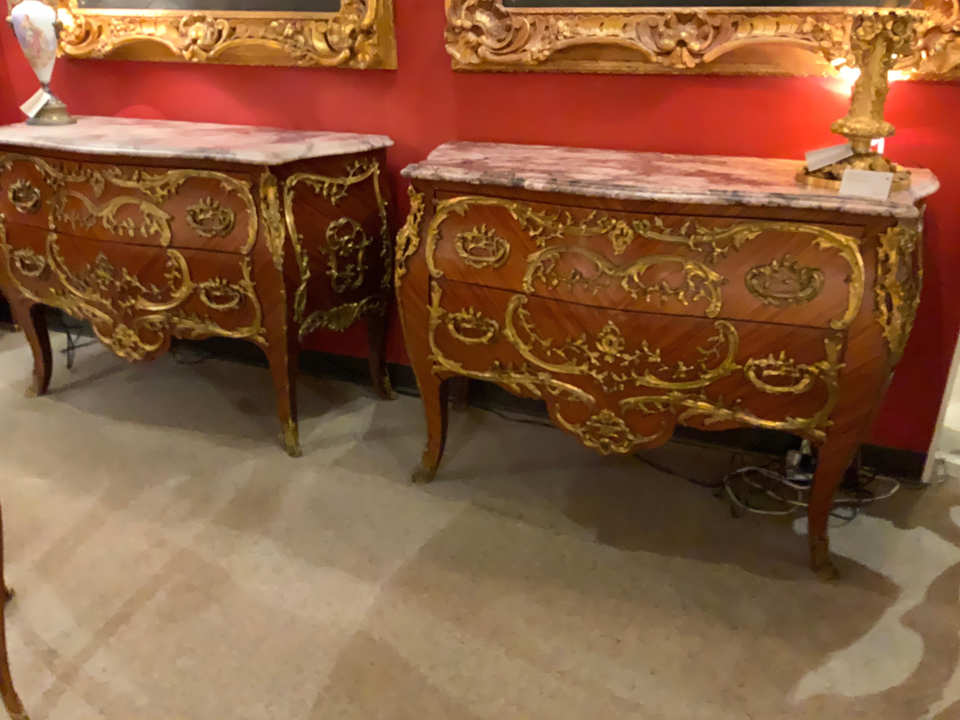 Wood Pair of antiques fine French Bombe Commodes  with Elaborate Bronze Mounts For Sale