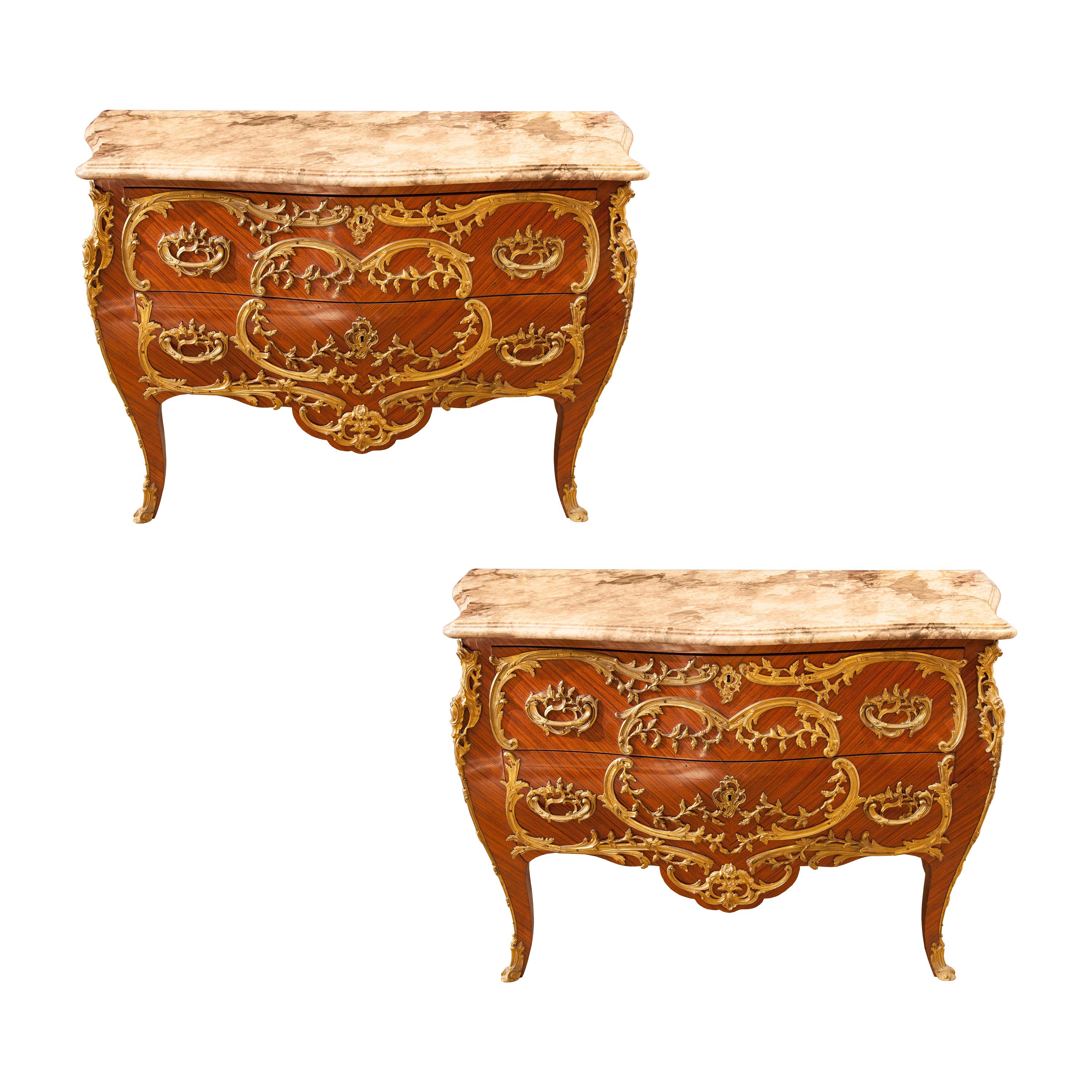 Pair of French Commodes Bombe' Form with Elaborate Bronze Mounts For Sale