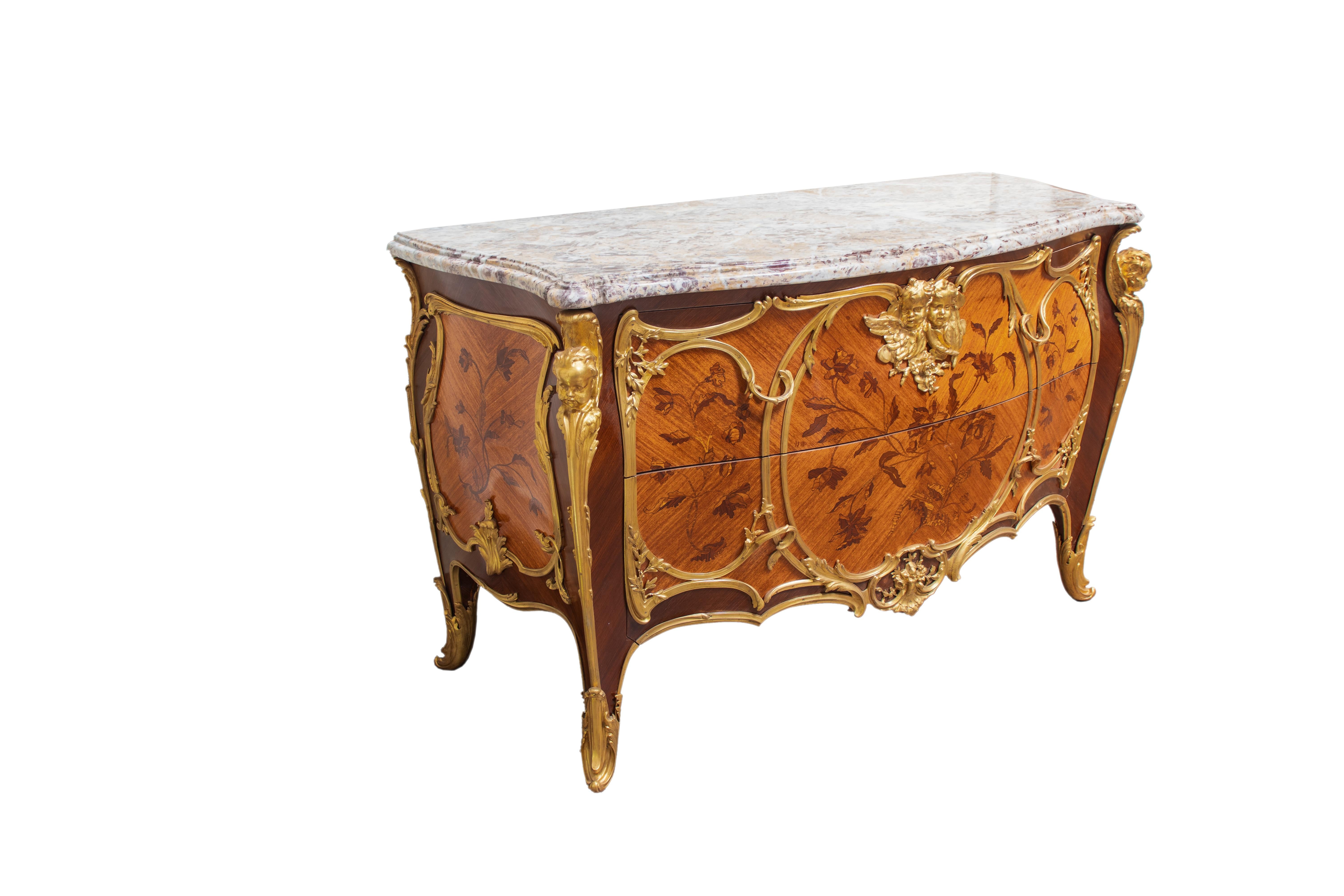 Pair of French Commodes in Louis XV style with Ormolu Mounts and Marquetry For Sale 1