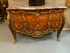 Pair of French Commodes with Marquetry Inlay and Marble Top