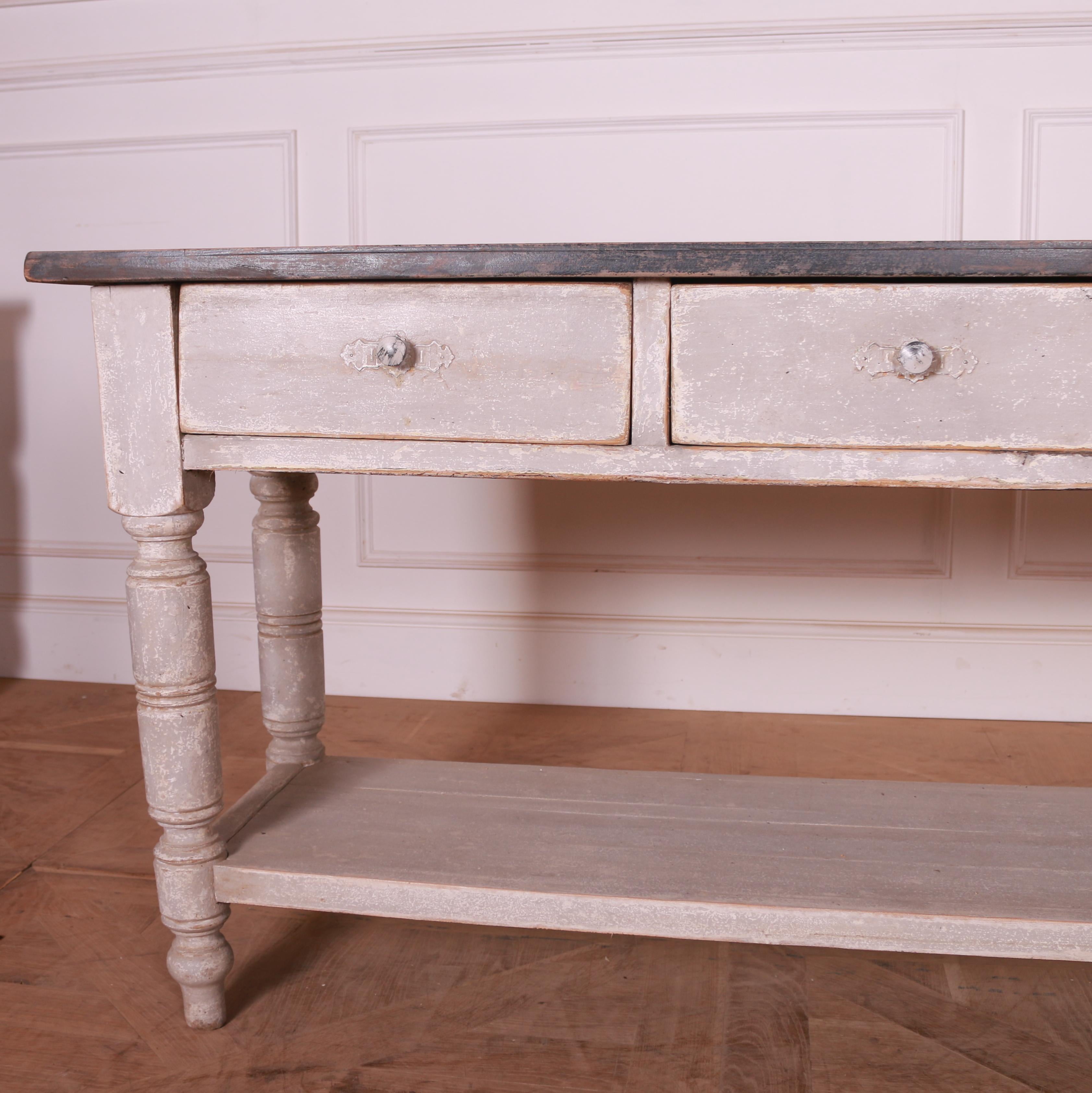 Good pair of 19th C French painted pine 5 drawer console tables. 1880.

Dimensions
97 inches (246 cms) wide
18.5 inches (47 cms) deep
31 inches (79 cms) high.

  