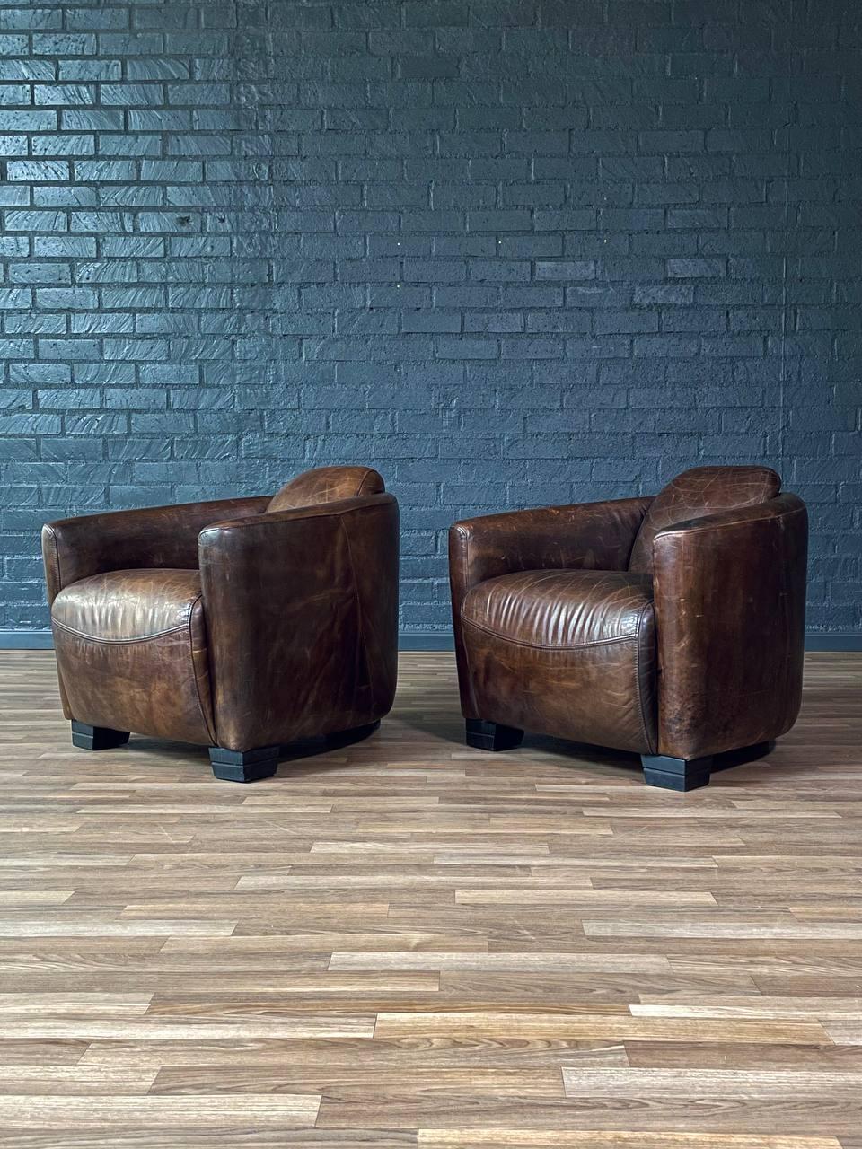 American Pair of French Contemporary Art Deco Style Leather Club Chairs For Sale