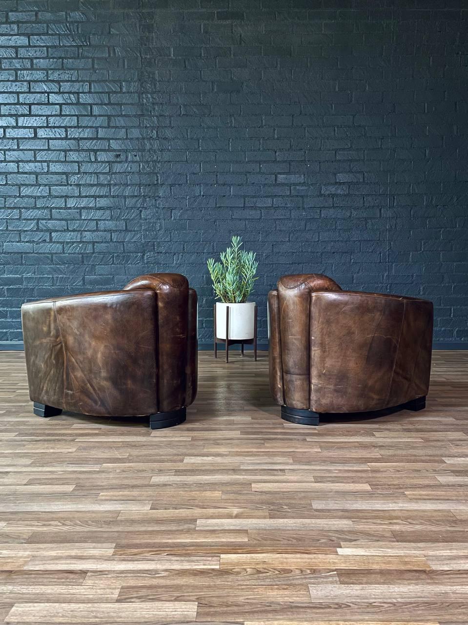 Pair of French Contemporary Art Deco Style Leather Club Chairs In Good Condition For Sale In Los Angeles, CA