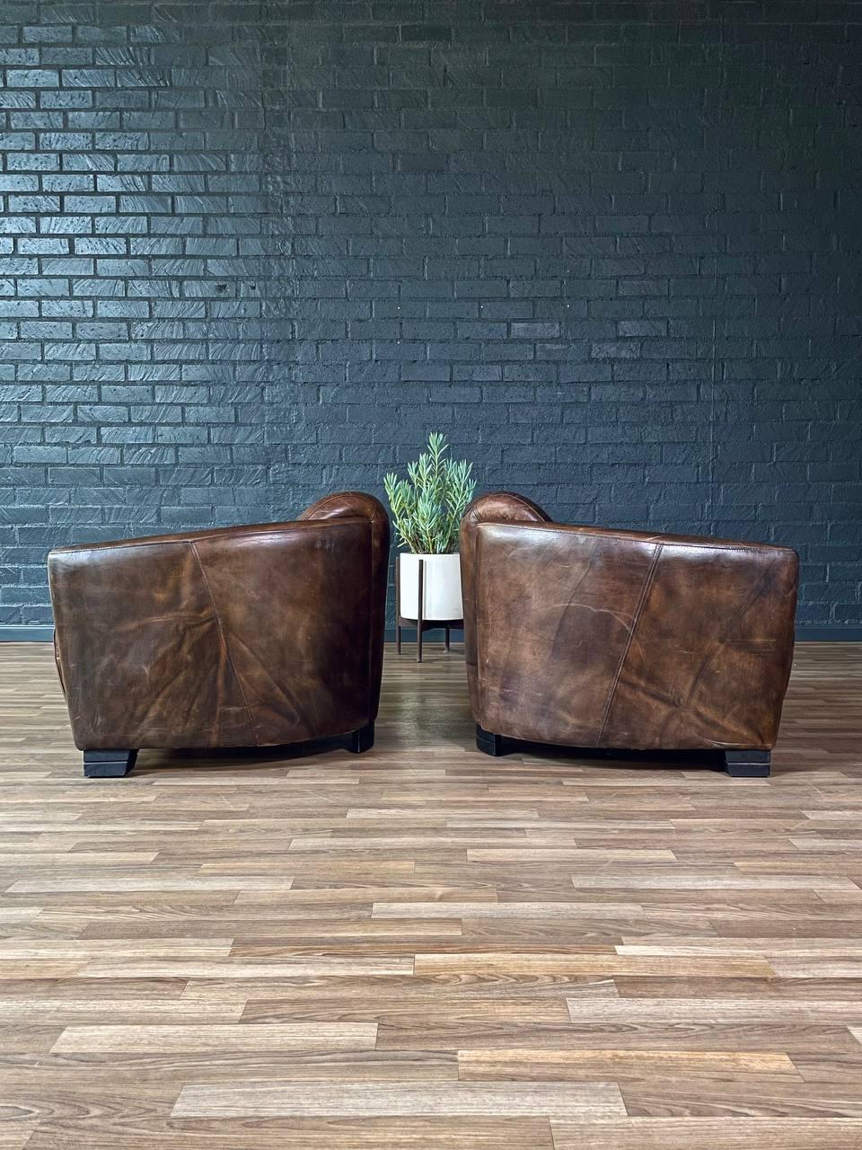 Pair of French Contemporary Art Deco Style Leather Club Chairs For Sale 1