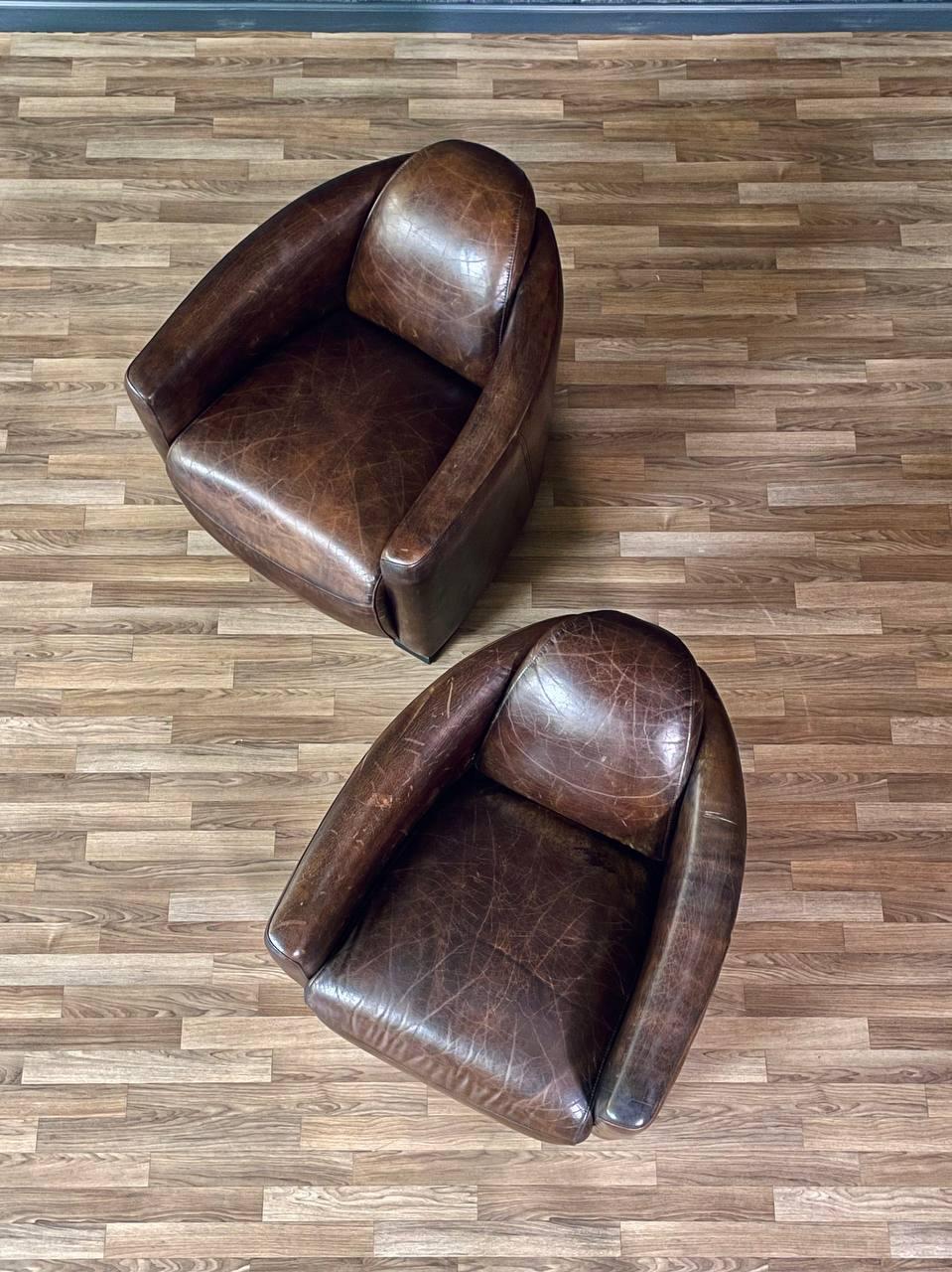 Pair of French Contemporary Art Deco Style Leather Club Chairs For Sale 2