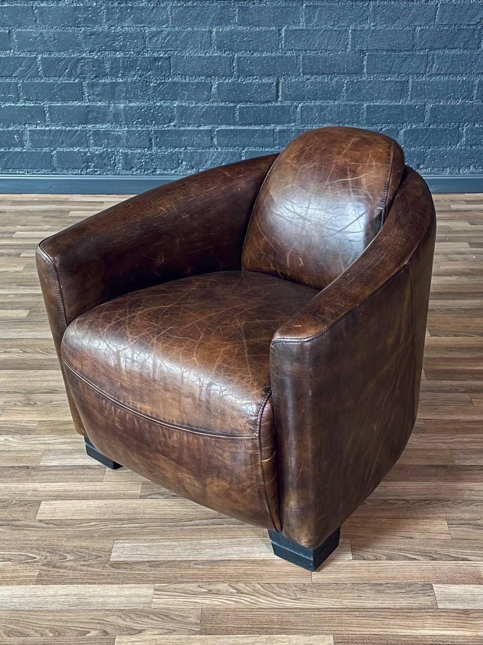 Pair of French Contemporary Art Deco Style Leather Club Chairs For Sale 3