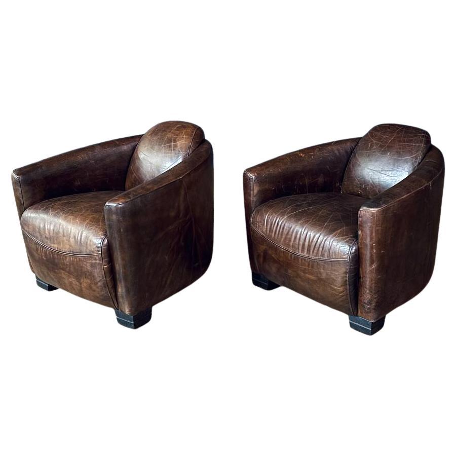Pair of French Contemporary Art Deco Style Leather Club Chairs