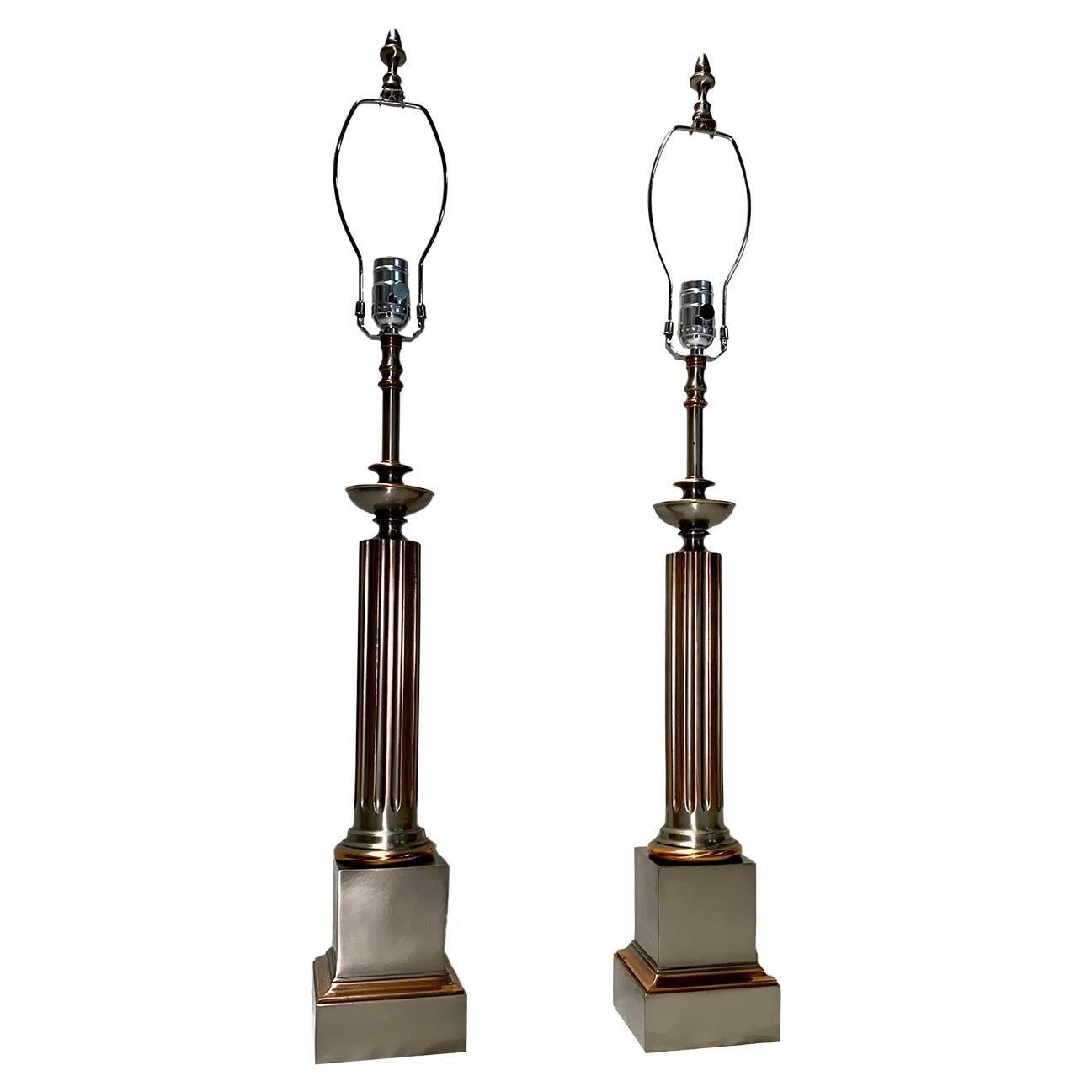 Pair of French Copper and Pewter Lamps For Sale