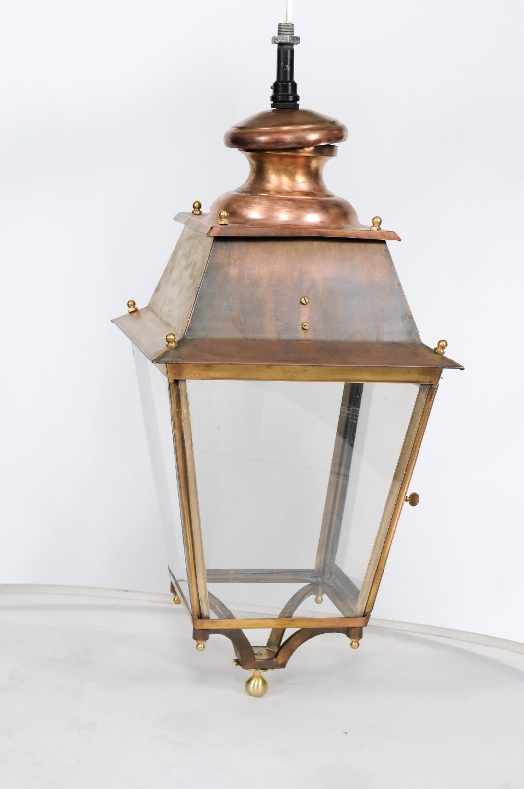 Pair of French Copper and Plexiglass Lanterns with Brass Accents from the 1920s In Good Condition In Atlanta, GA