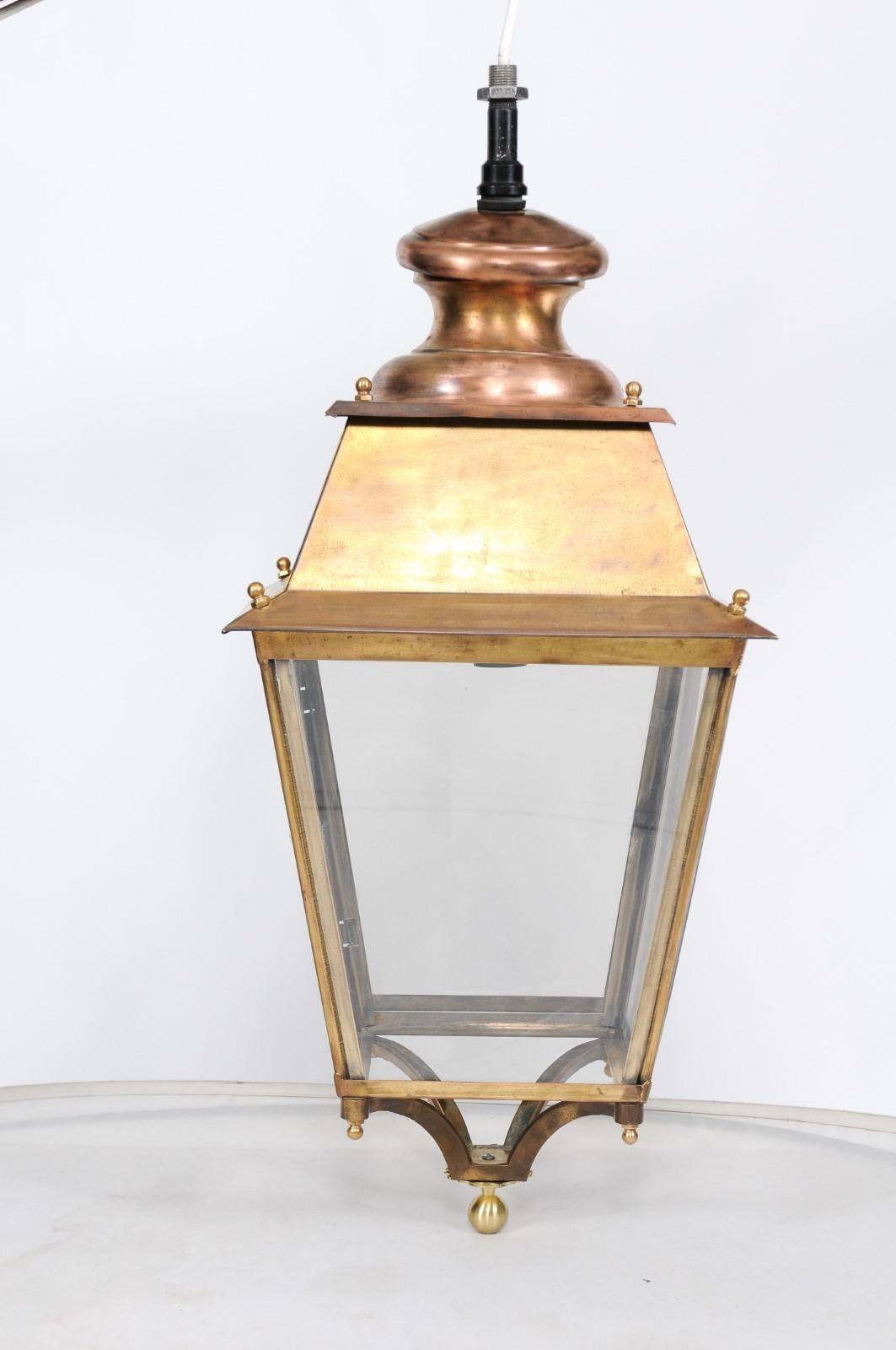 20th Century Pair of French Copper and Plexiglass Lanterns with Brass Accents from the 1920s