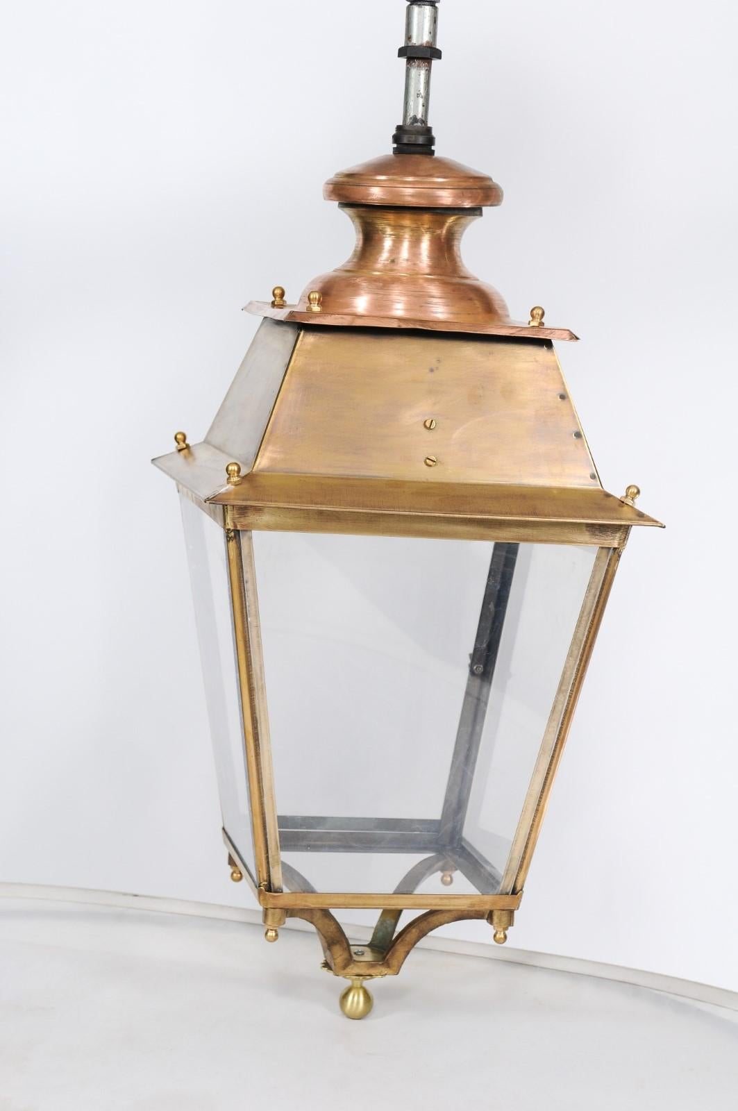 Pair of French Copper and Plexiglass Lanterns with Brass Accents from the 1920s 1