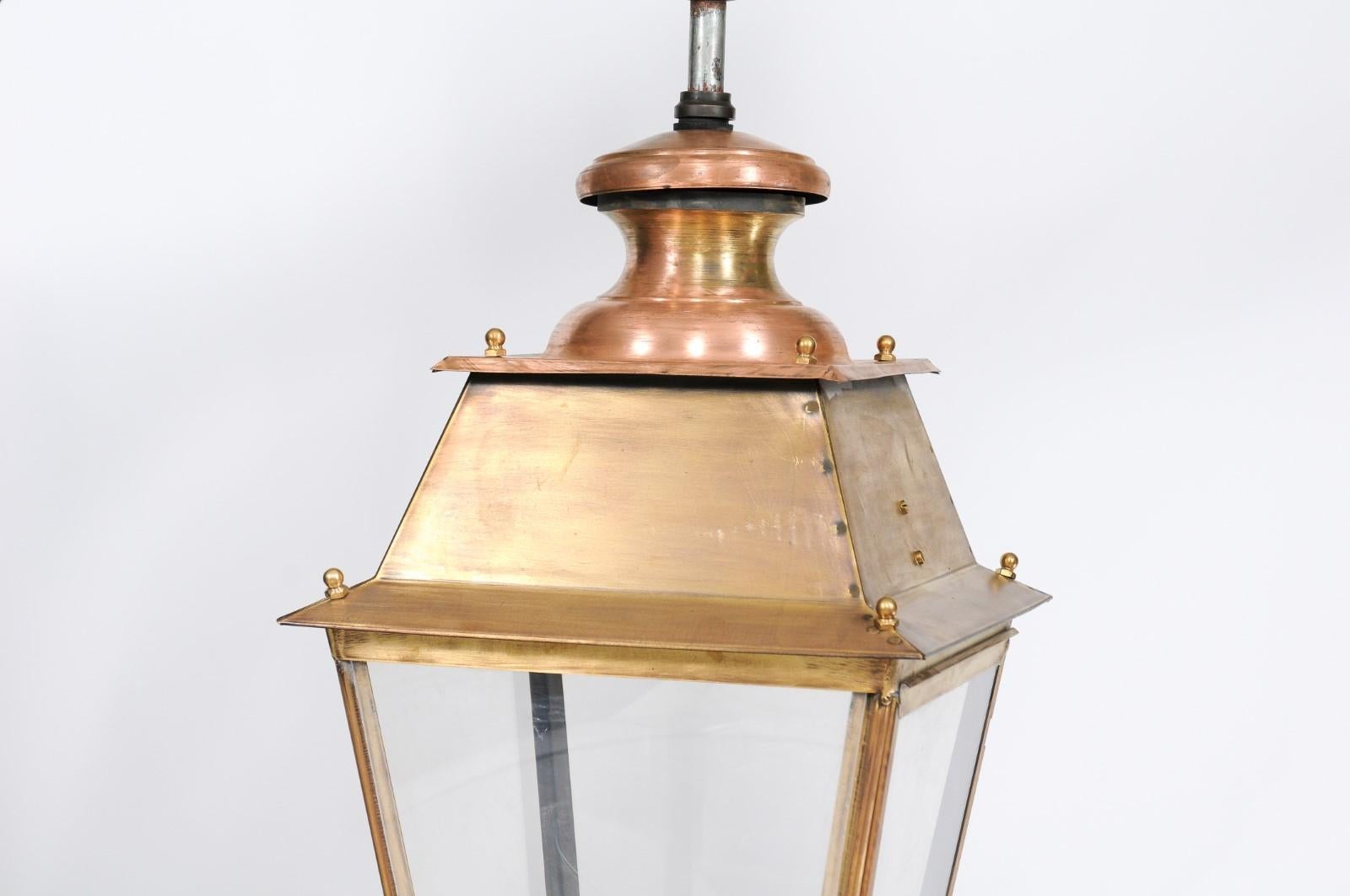Pair of French Copper and Plexiglass Lanterns with Brass Accents from the 1920s 2