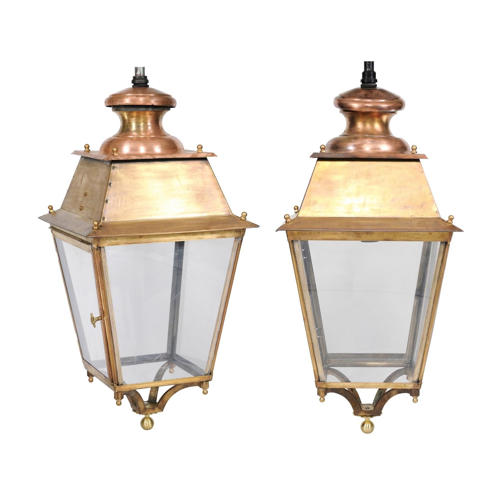 Pair of French Copper and Plexiglass Lanterns with Brass Accents from the 1920s