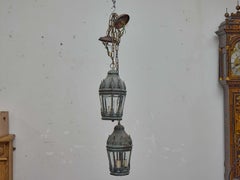 Pair of French Copper Hanging Lanterns with Leaf Motifs and Canopy, circa 1900
