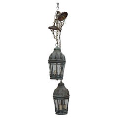 Pair of French Copper Hanging Lanterns with Leaf Motifs and Canopy, circa 1900