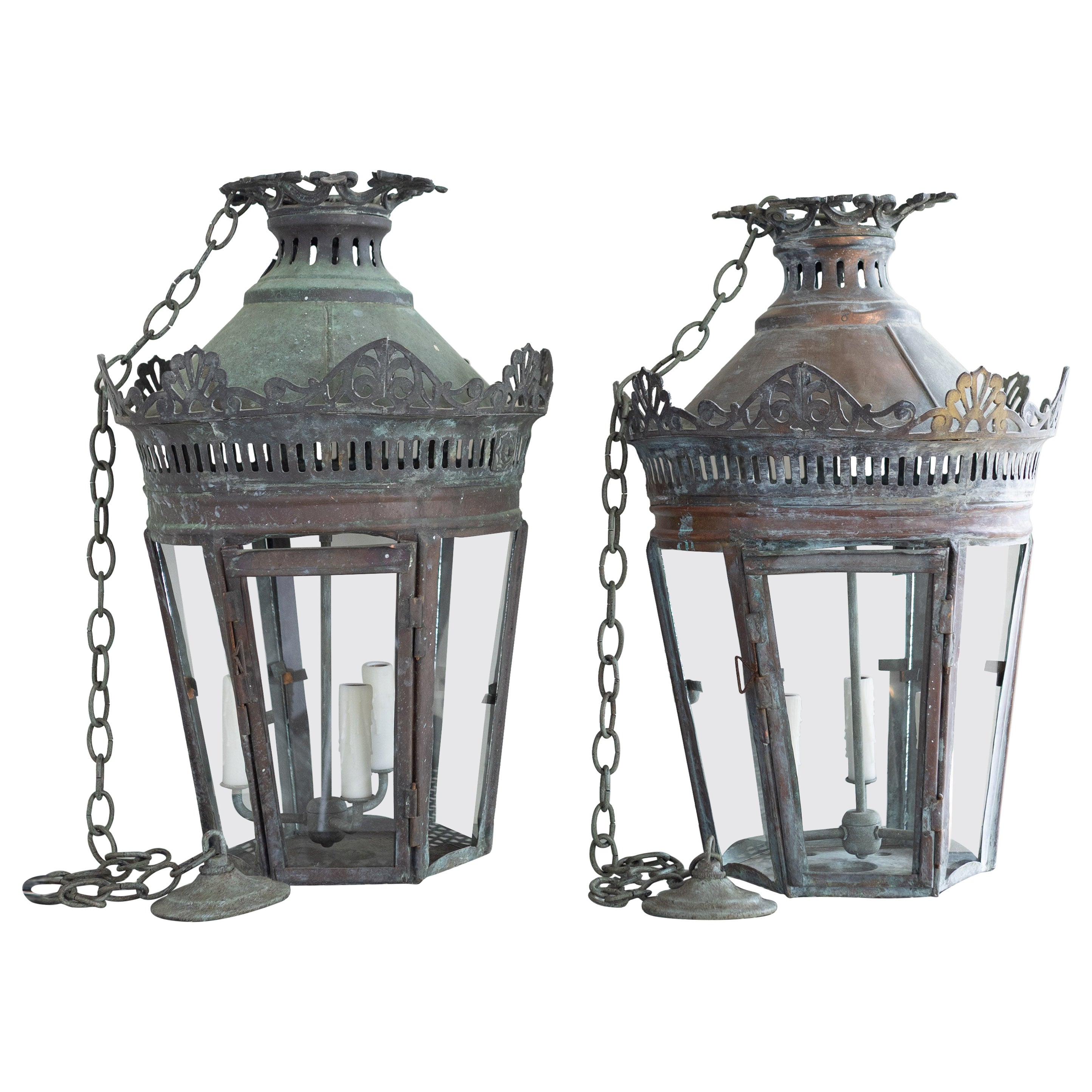 19th Century Antique French Copper Lanterns with Verdigris Patina
