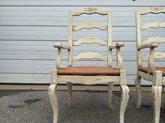 Pair of French Country Antiqued Ladder Back Dining Arm Chairs