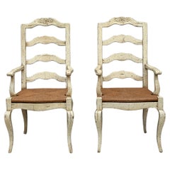 Pair of French Country Antiqued Ladder Back Dining Arm Chairs