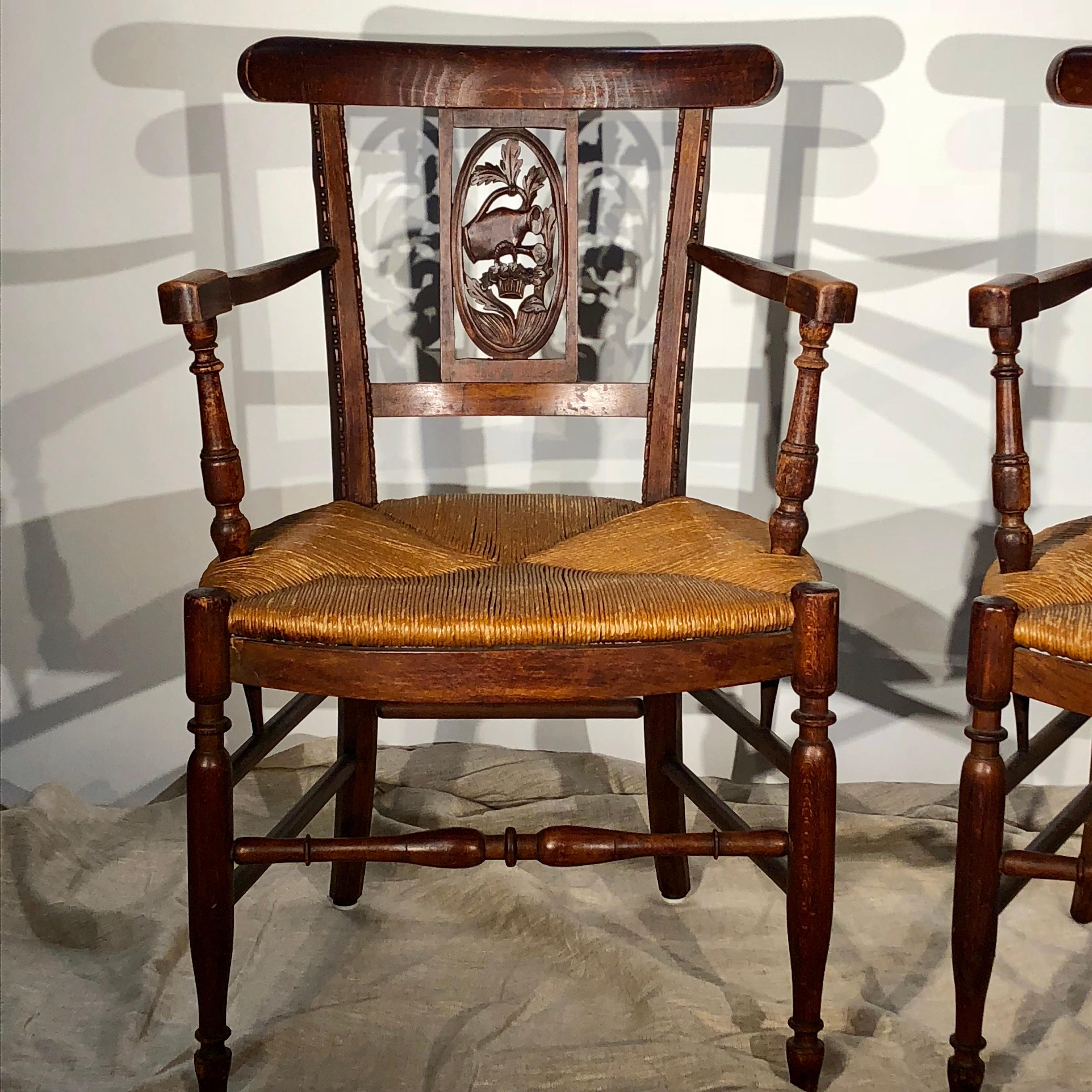French Provincial Pair of French Country Armchairs, Garden Theme, 19th Century