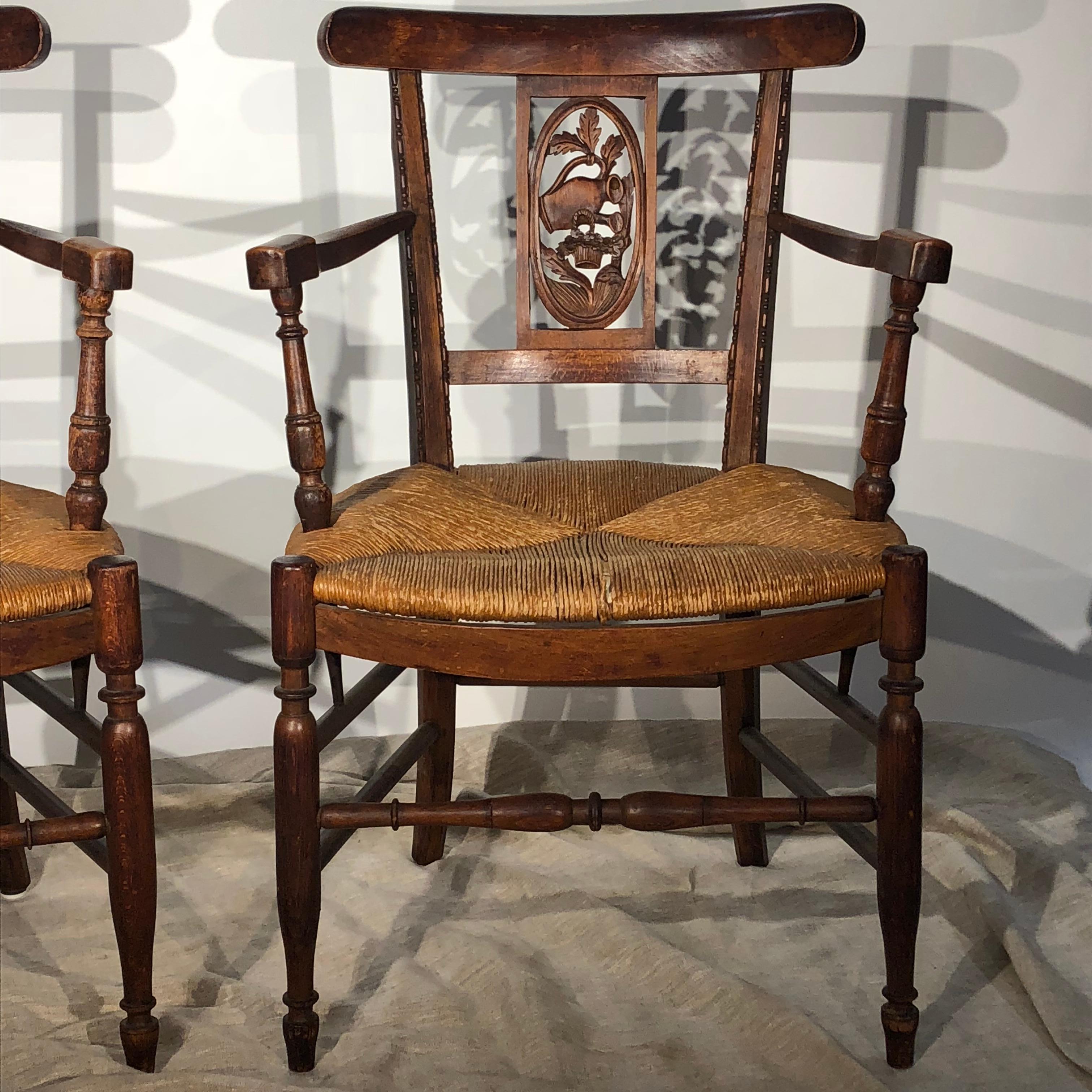 Hand-Carved Pair of French Country Armchairs, Garden Theme, 19th Century