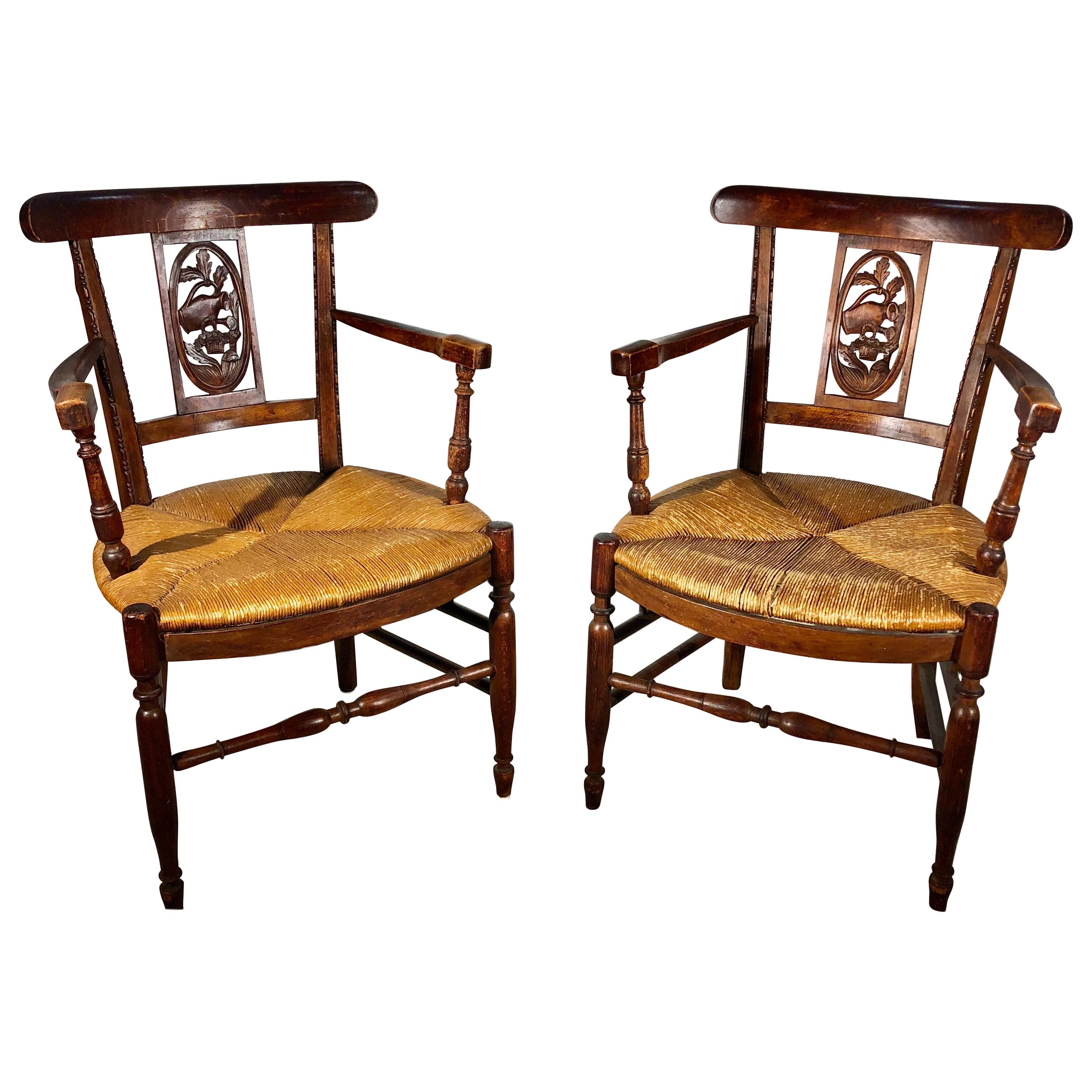 Pair of French Country Armchairs, Garden Theme, 19th Century