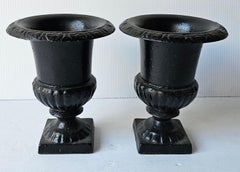 Pair of French Country Black Painted  Cast Iron Urn Form Planters Jardinieres
