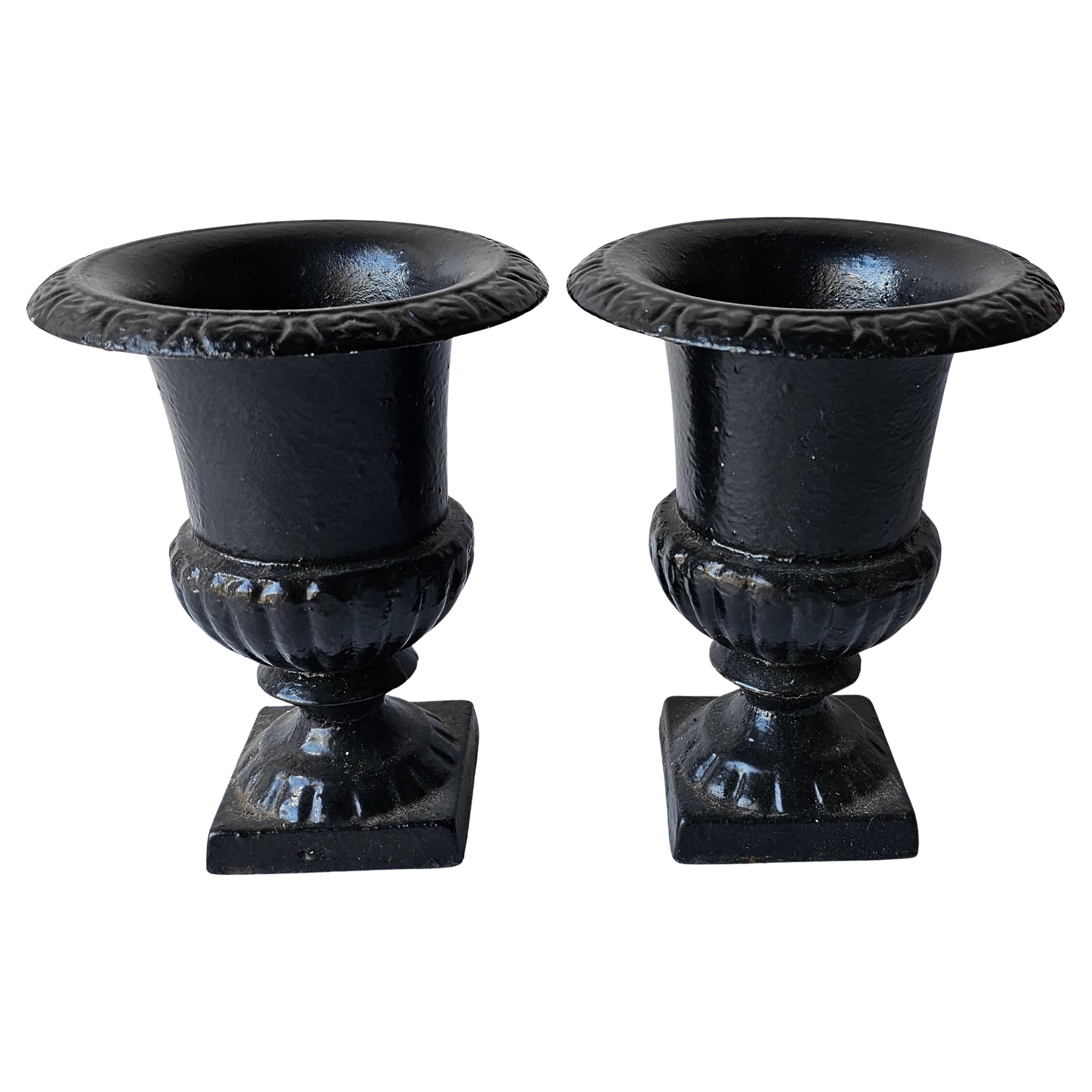 Pair of French Country Black Painted  Cast Iron Urn Form Planters Jardinieres