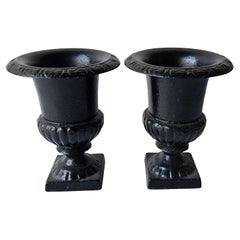 Pair of French Country Black Painted  Cast Iron Urn Form Planters Jardinieres