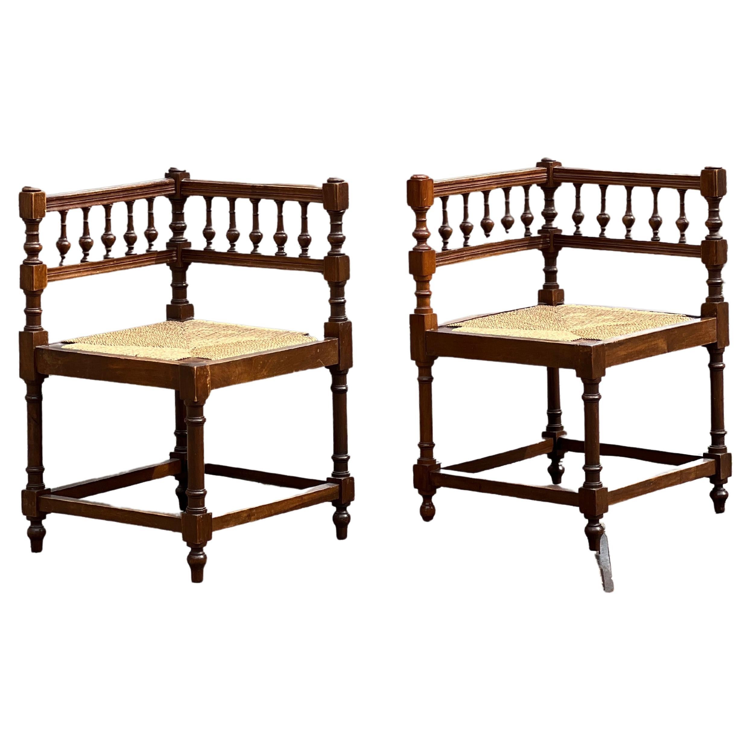 Pair of French Country Corner Chairs with Rush Seats 19th Century For Sale