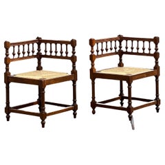 Pair of French Country Corner Chairs with Rush Seats 19th Century