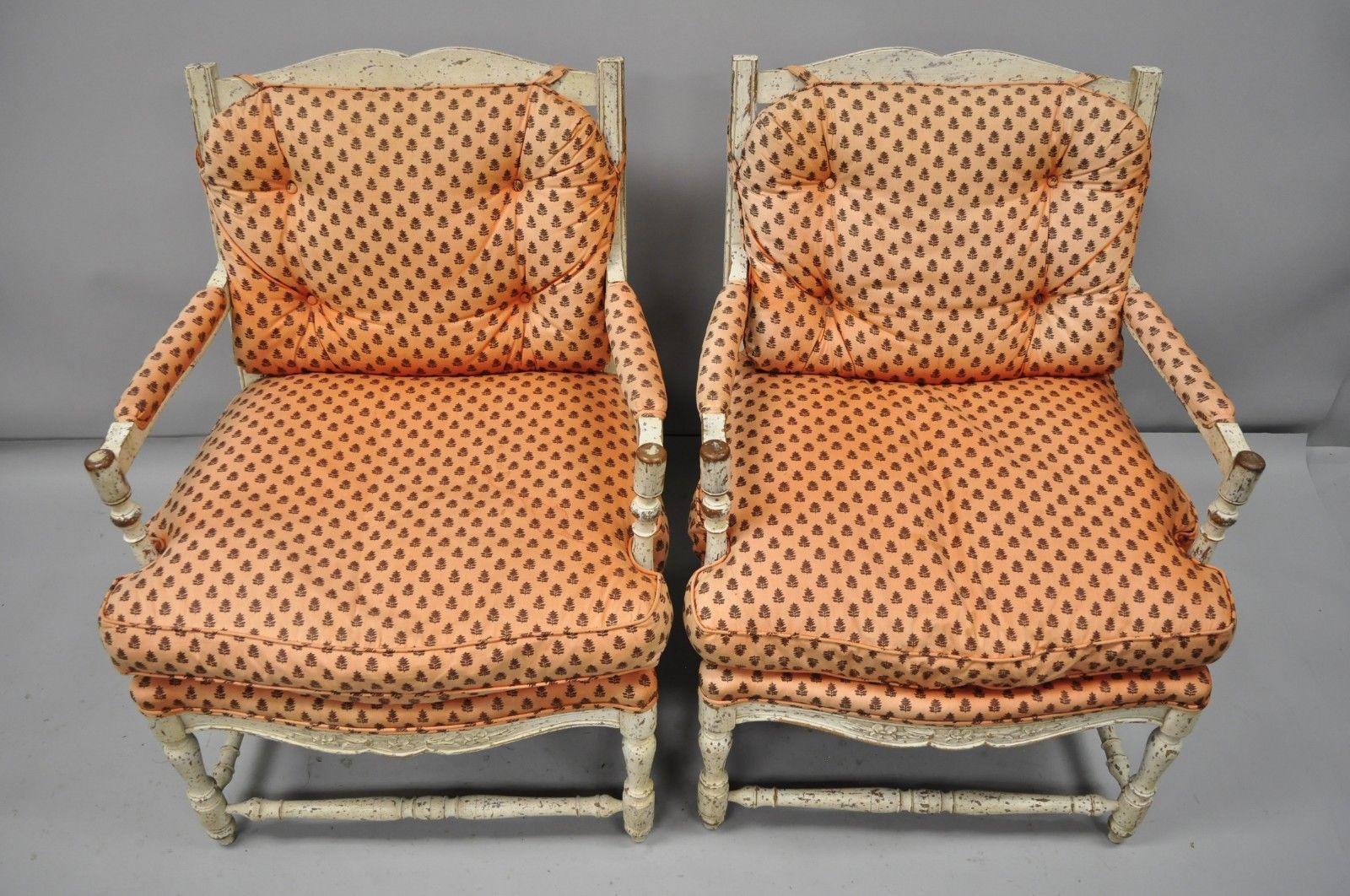 Pair of French Country Cream Distress Painted Lounge Chair Ladder Back Armchairs 4