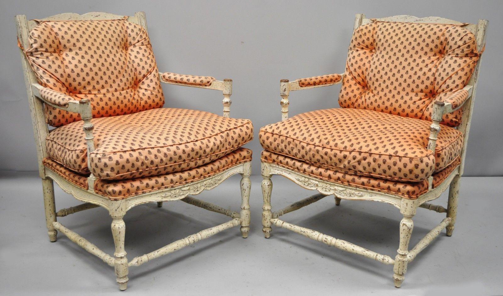 American Pair of French Country Cream Distress Painted Lounge Chair Ladder Back Armchairs