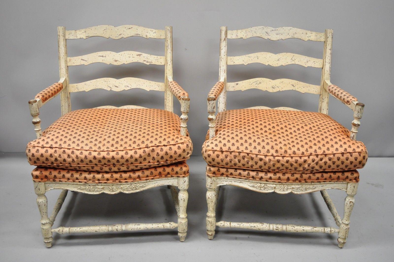 20th Century Pair of French Country Cream Distress Painted Lounge Chair Ladder Back Armchairs