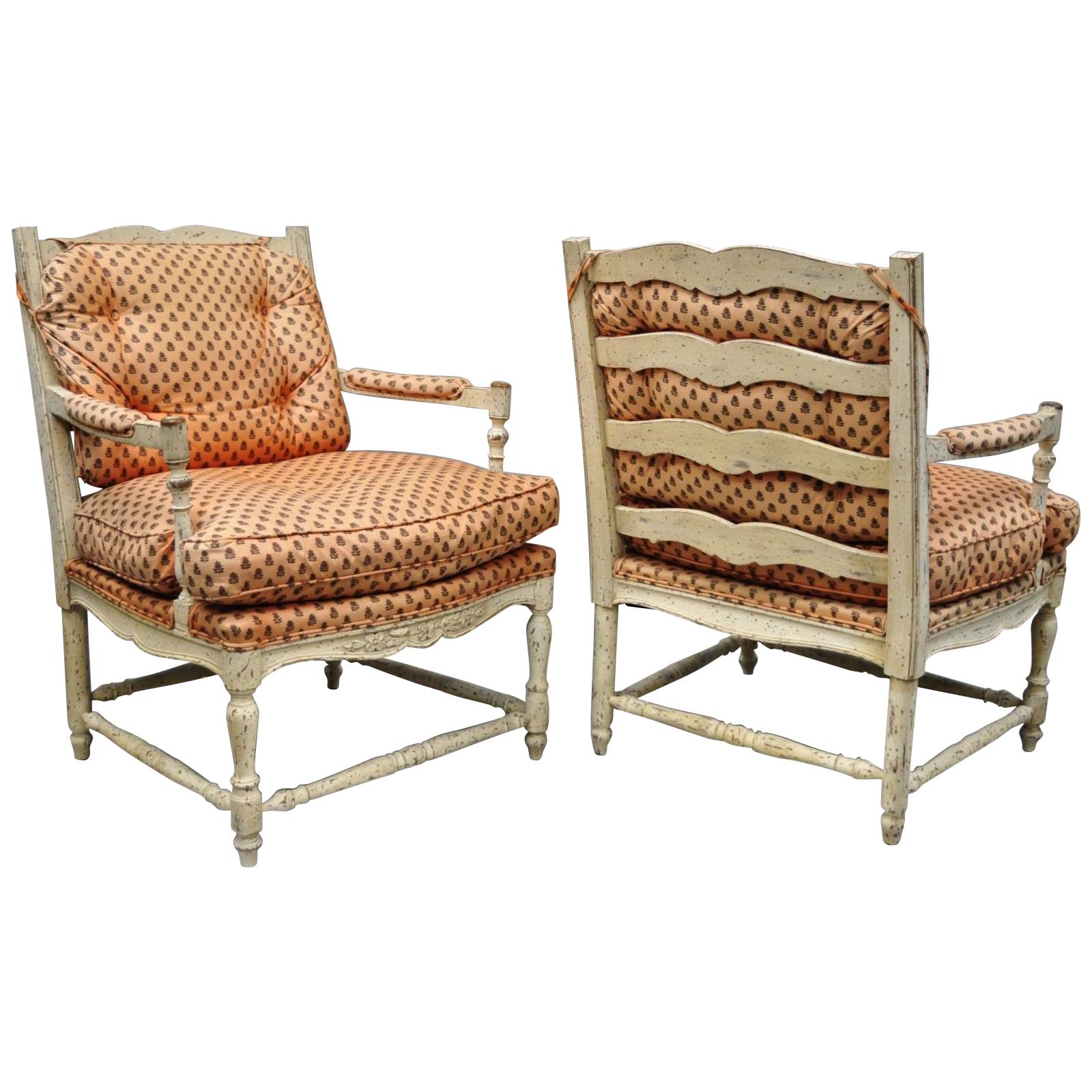 Pair of French Country Cream Distress Painted Lounge Chair Ladder Back Armchairs