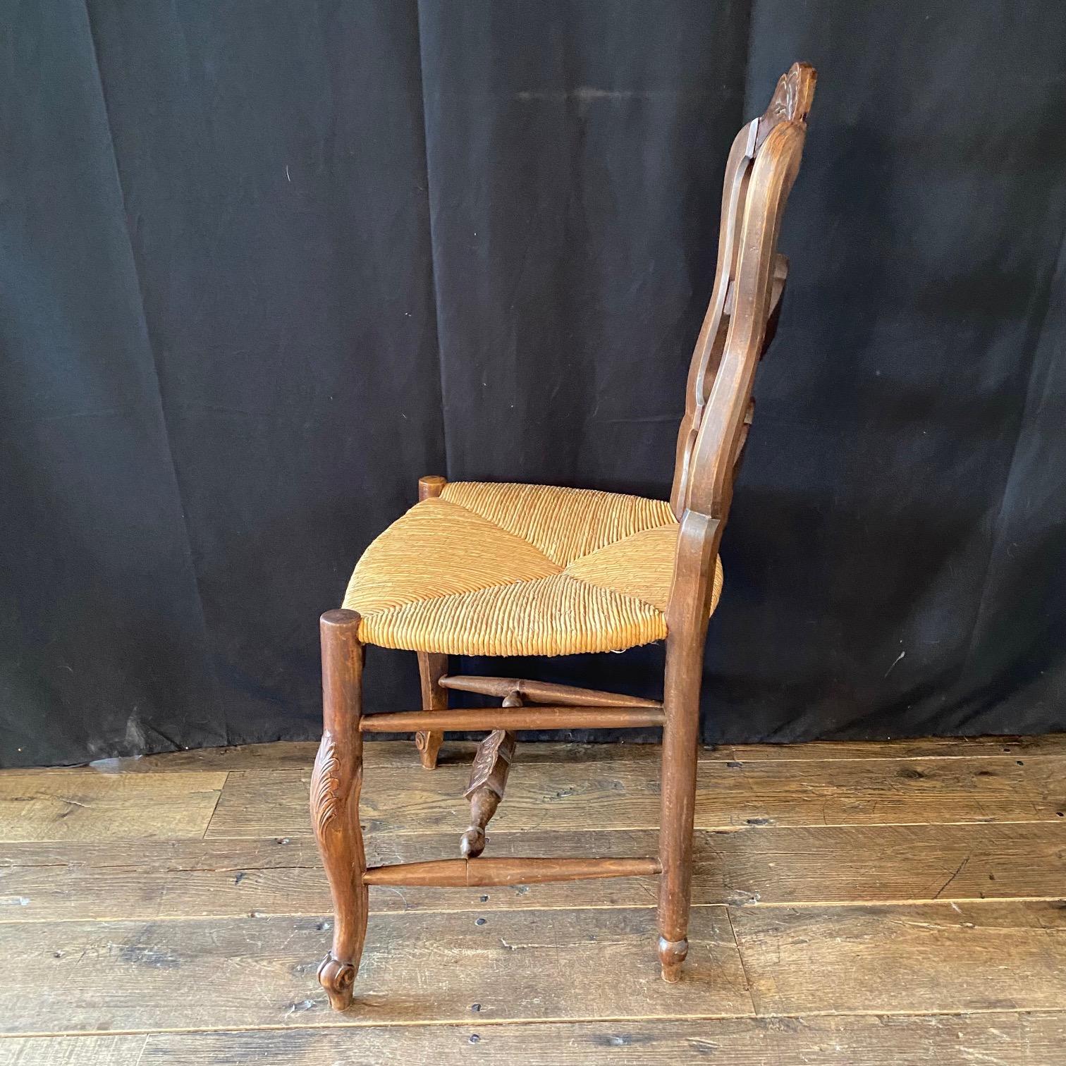 Pair of French Country Hand Woven Rush Seat Dining Chairs with Lovely Carvings 4