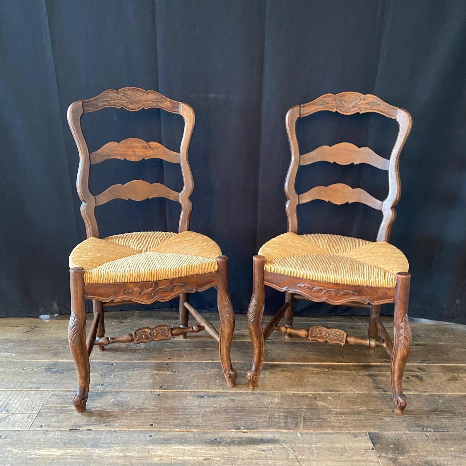 Pair of French Country Hand Woven Rush Seat Dining Chairs with Lovely Carvings 5
