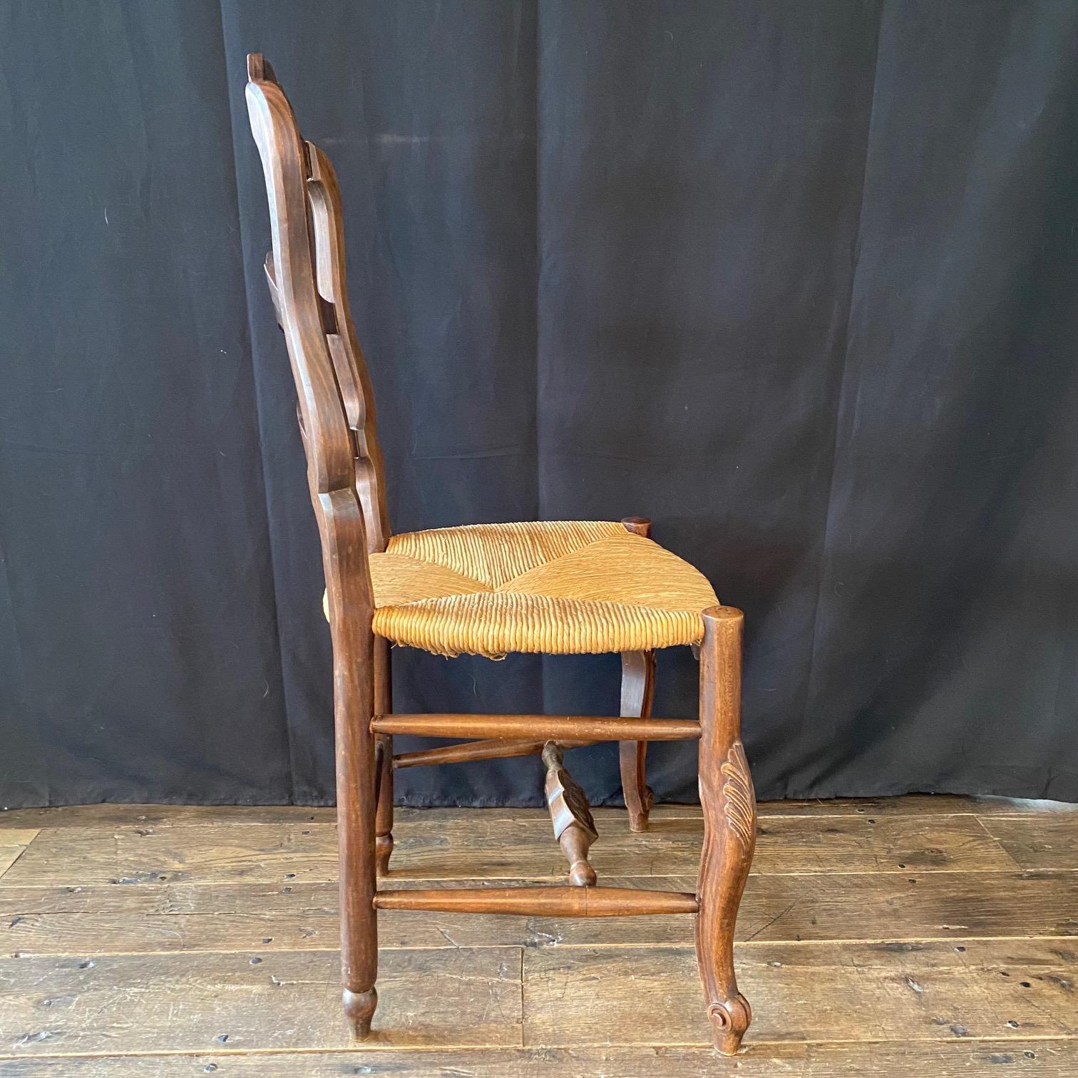Pair of French Country Hand Woven Rush Seat Dining Chairs with Lovely Carvings 2