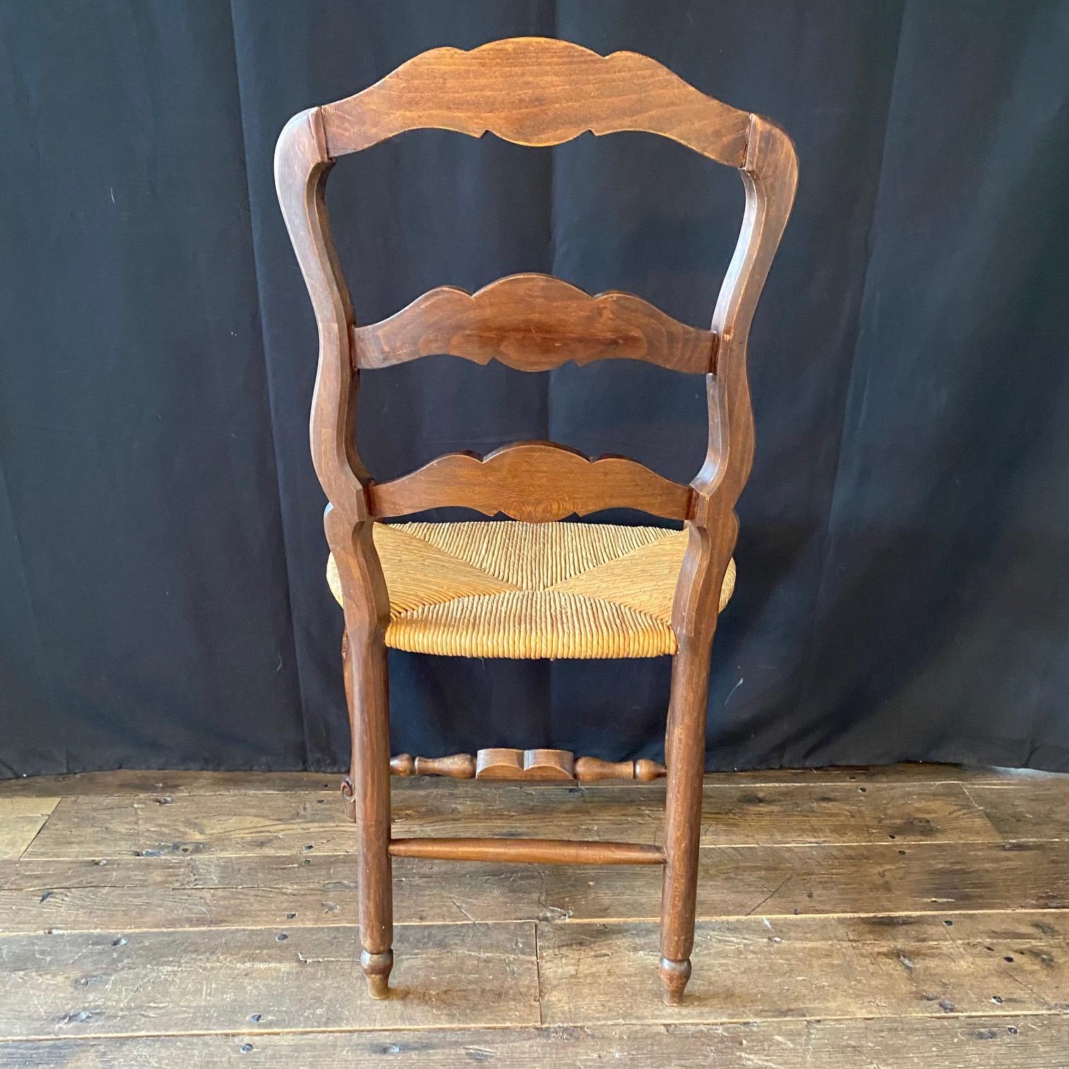 Pair of French Country Hand Woven Rush Seat Dining Chairs with Lovely Carvings 3