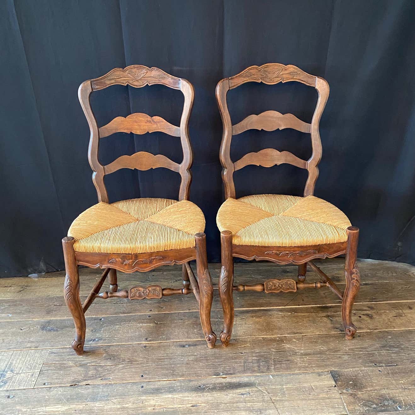 Pair of French Country Hand Woven Rush Seat Dining Chairs with Lovely ...