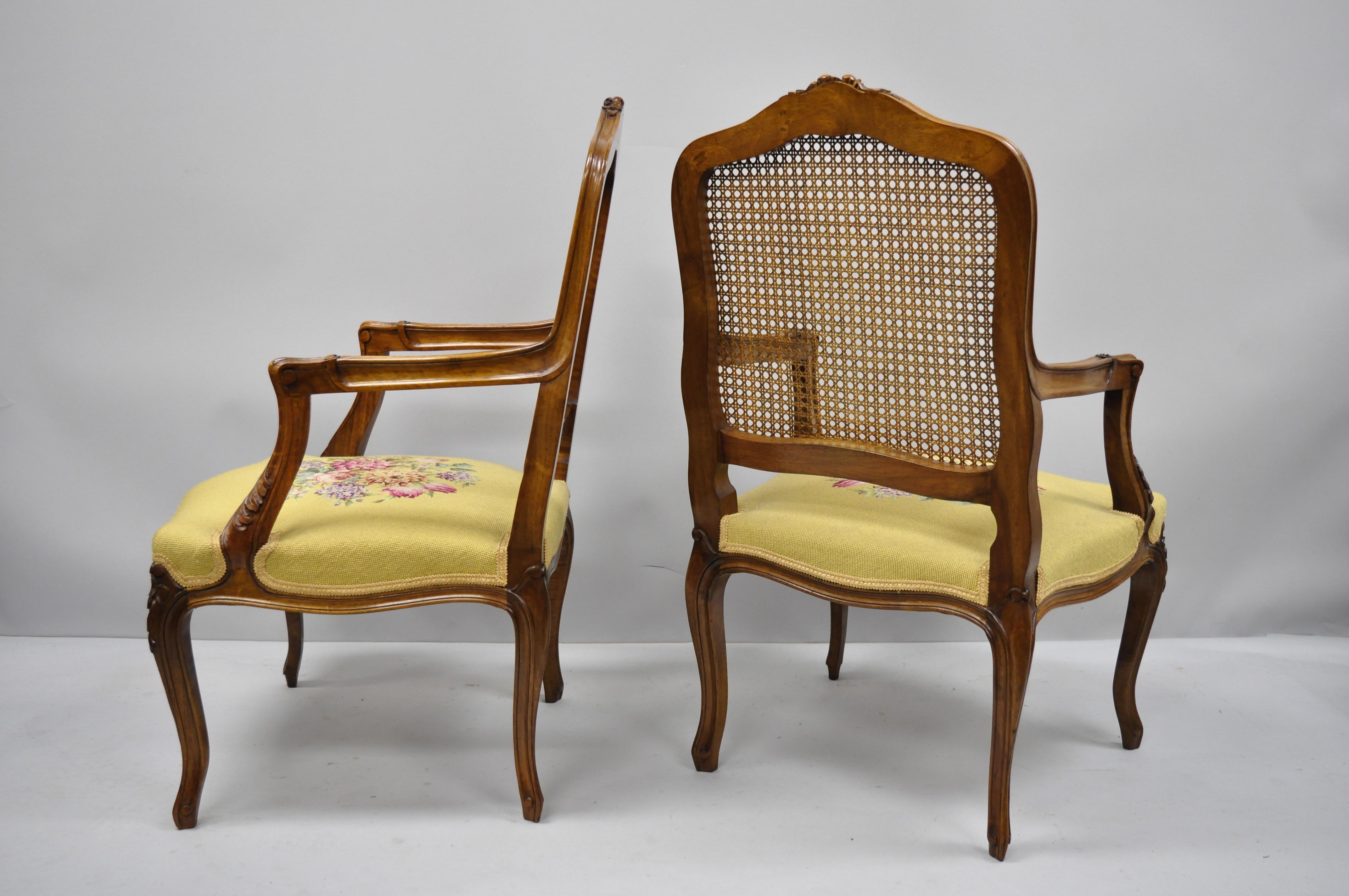 Pair of French Country Louis XV Style Cane Back Chair Needlepoint Armchairs 5
