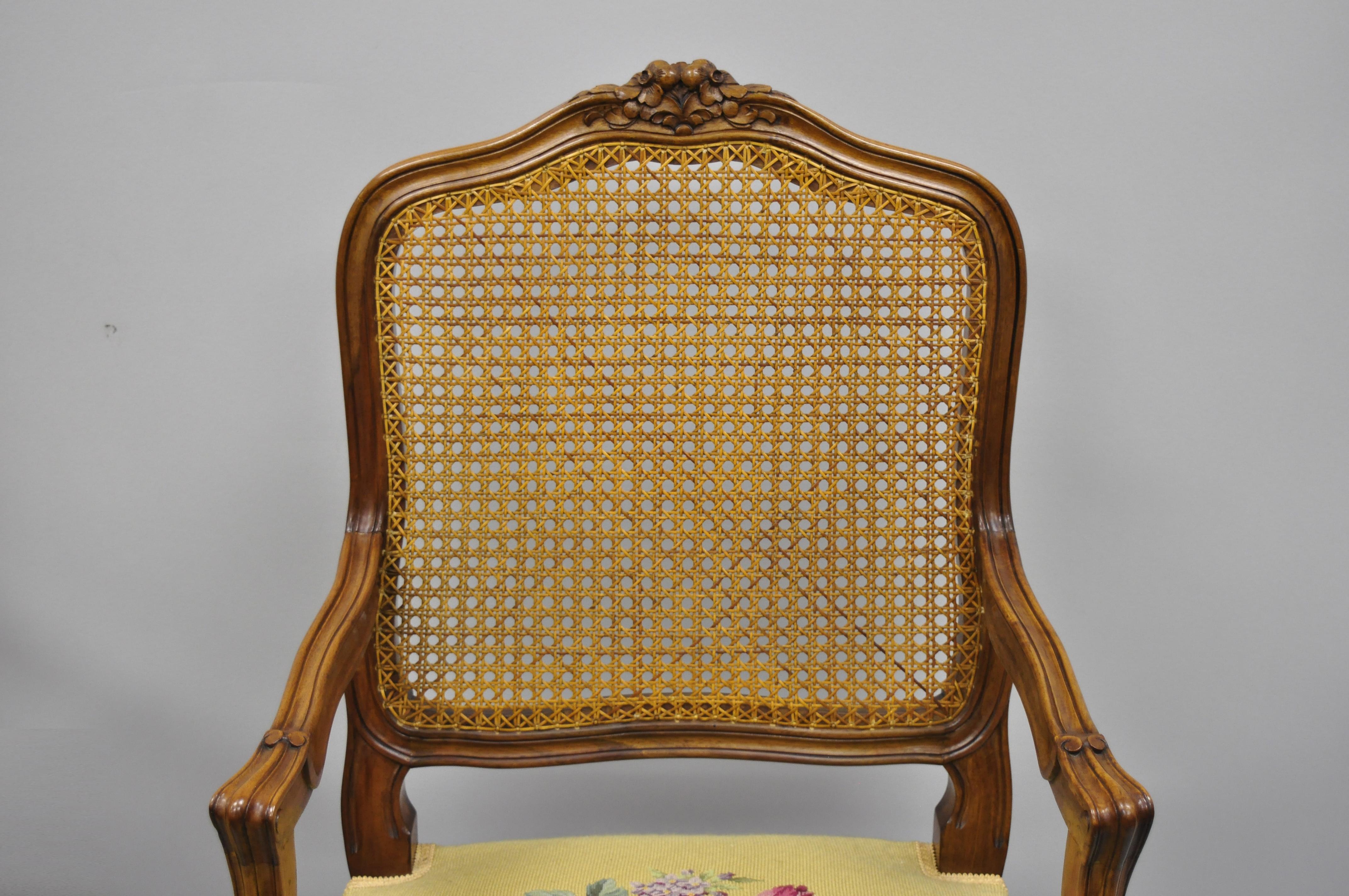 20th Century Pair of French Country Louis XV Style Cane Back Chair Needlepoint Armchairs